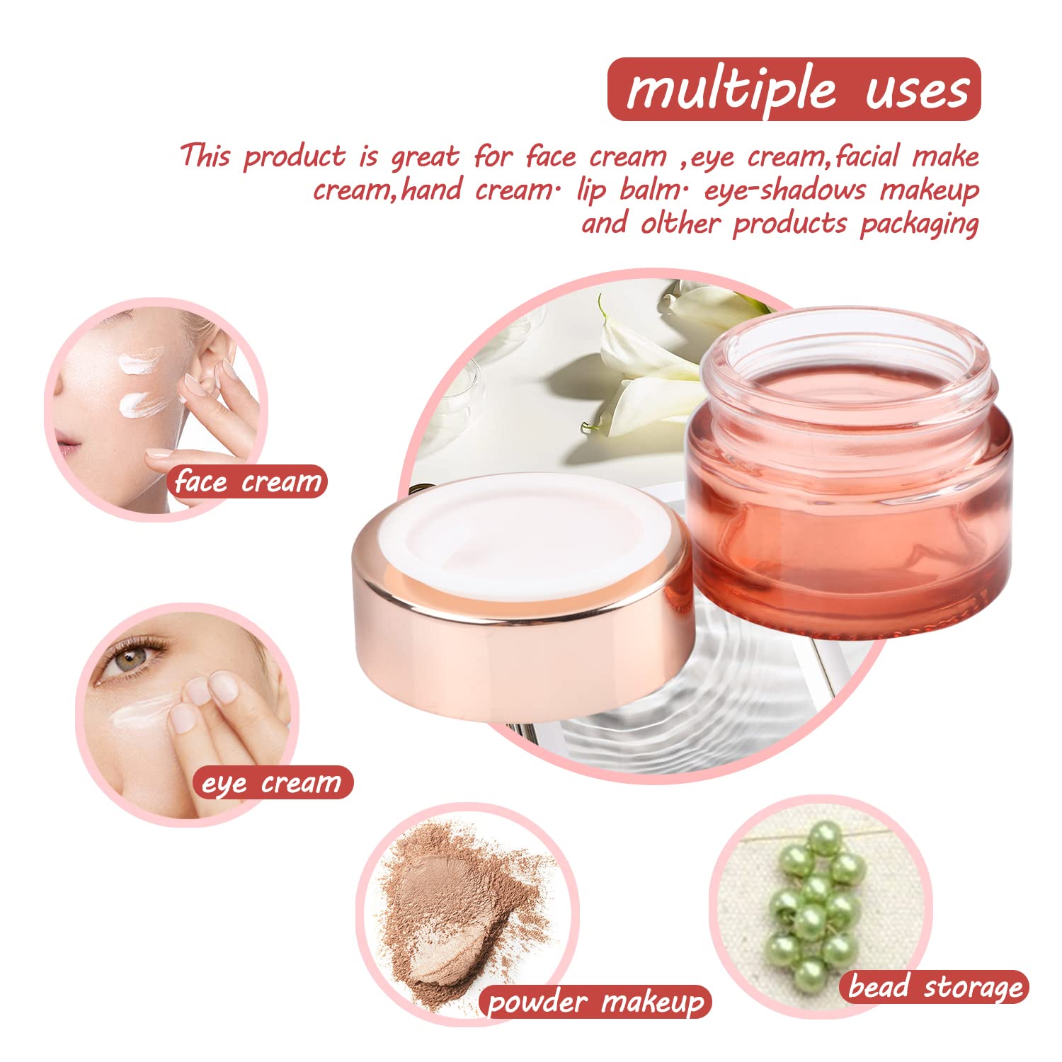 12 Pack 0.5 oz Pink Glass Jars with Rose Gold Lids - Refillable Cosmetic Containers for Face Cream, Lotion, Moisturizer & Ointment | Sample Jars with Inner Liner | Perfect for DIY Skincare, Travel Size Products & Gift Packaging