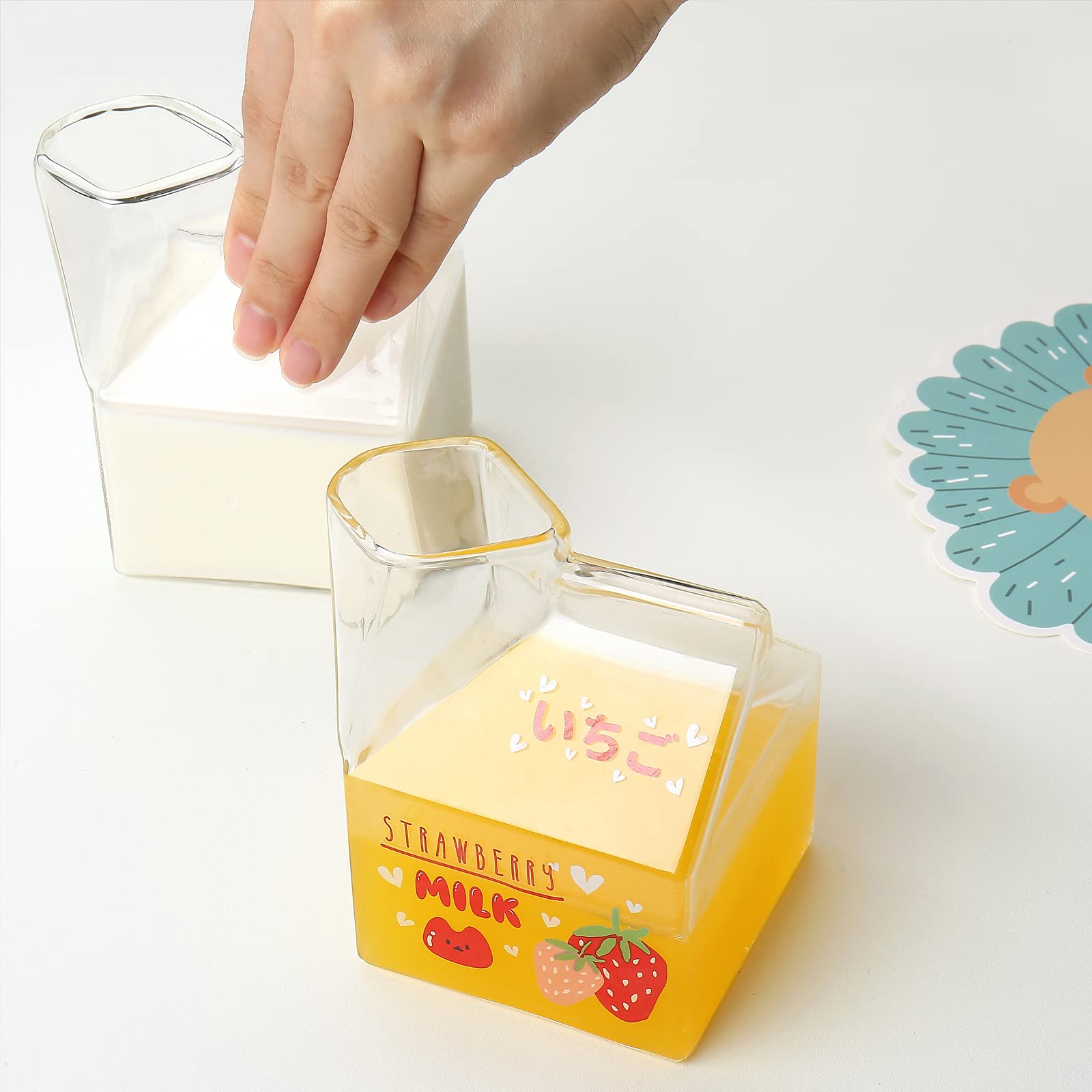 Kawaii Glass Milk Carton Cup - Cute Strawberry Milk Cup, Mini Creamer Container 12oz, Microwave Safe | Perfect for Coffee, Tea, Smoothies & Small Gifts