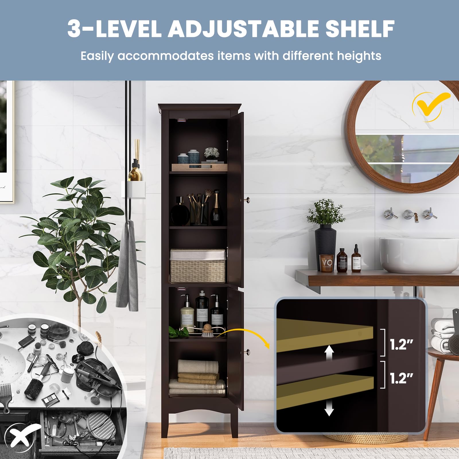 Tall Narrow Bathroom Storage Cabinet with 3 Adjustable Shelves - 2 Door Freestanding Organizer with Anti-Tip Device for Bathroom, Living Room, Bedroom - Space Saving Home Organization Solution (Brown)
