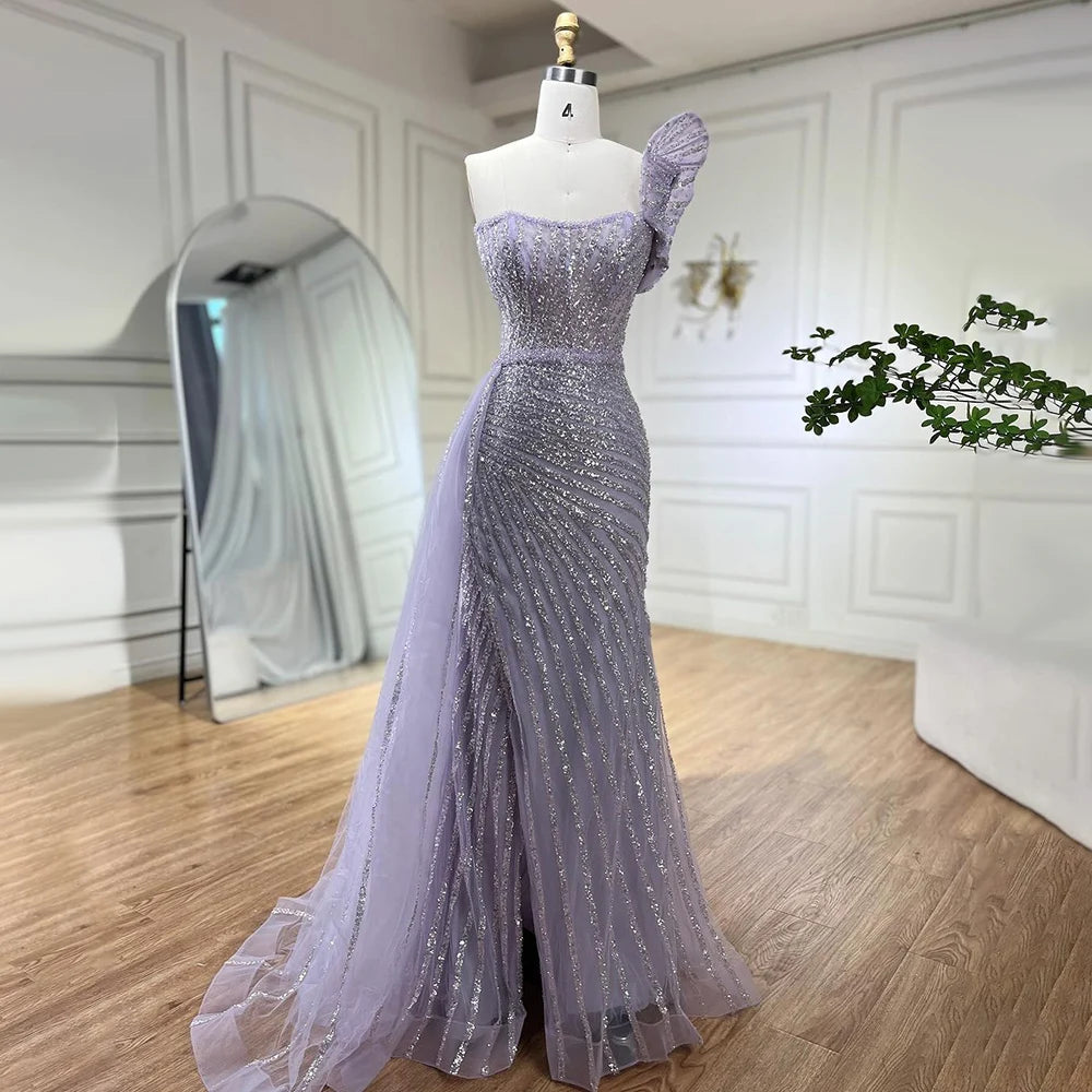 Elegant Lilac One Shoulder High Slit Beaded Mermaid Evening Gown LA72277 - Perfect for Prom, Wedding Guest & Formal Events