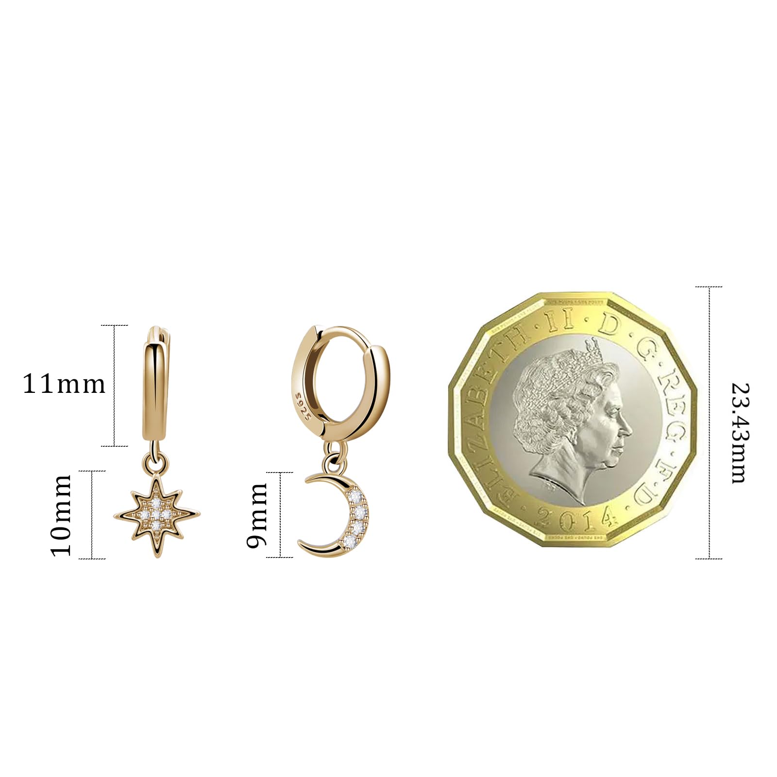 925 Sterling Silver Gold Moon and Star Huggie Hoop Earrings - Handmade Drop Dangle Earrings for Women & Girls | Perfect for Everyday Wear, Parties & Gifts