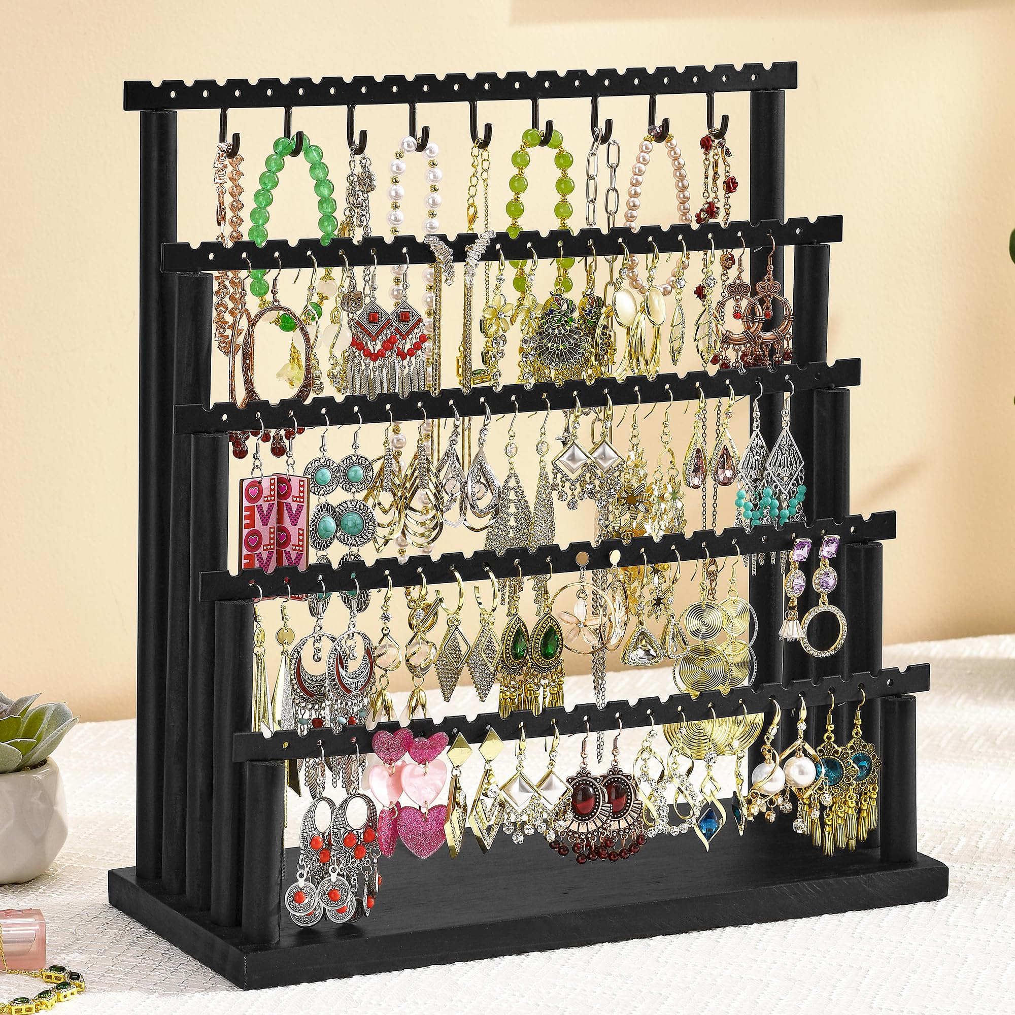 5-Tier Jewelry Organizer Stand - Earring Holder & Necklace Bracelet Display for Women | Perfect for Bedroom, Bathroom & Travel | Stylish Black Gift for Girls & Women