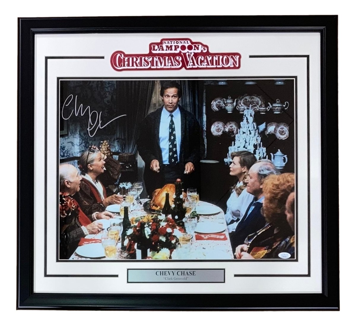 Chevy Chase Autographed Framed 16x20 Christmas Vacation Turkey Scene Photo with JSA Hologram COA - Perfect for Movie Memorabilia Collectors & Christmas Decorations