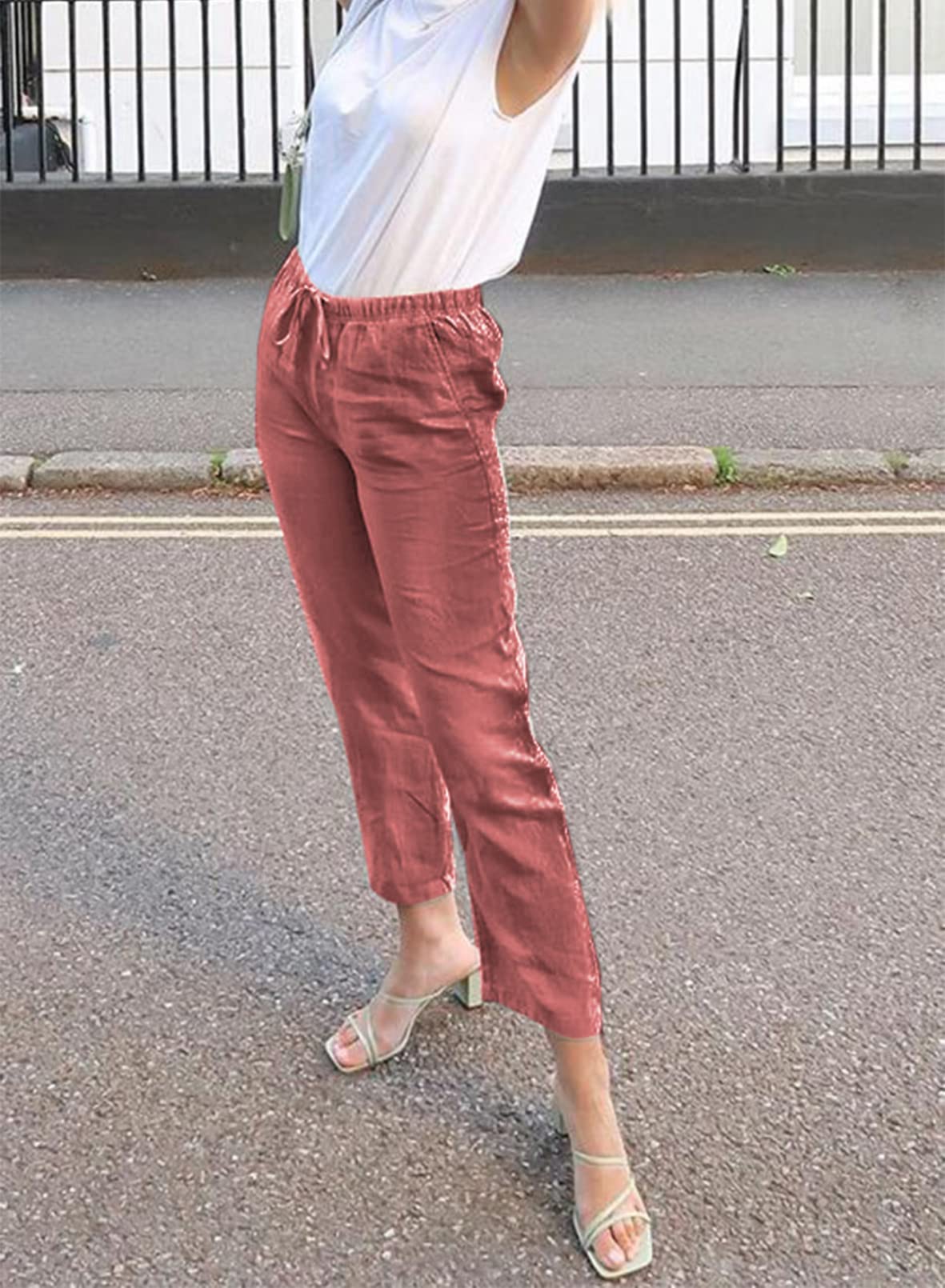 Acelitt Women's Casual Linen Pants - Lightweight Elastic Waist Drawstring Summer Beach Slacks | Comfortable Trousers for Travel, Yoga & Outdoor Activities