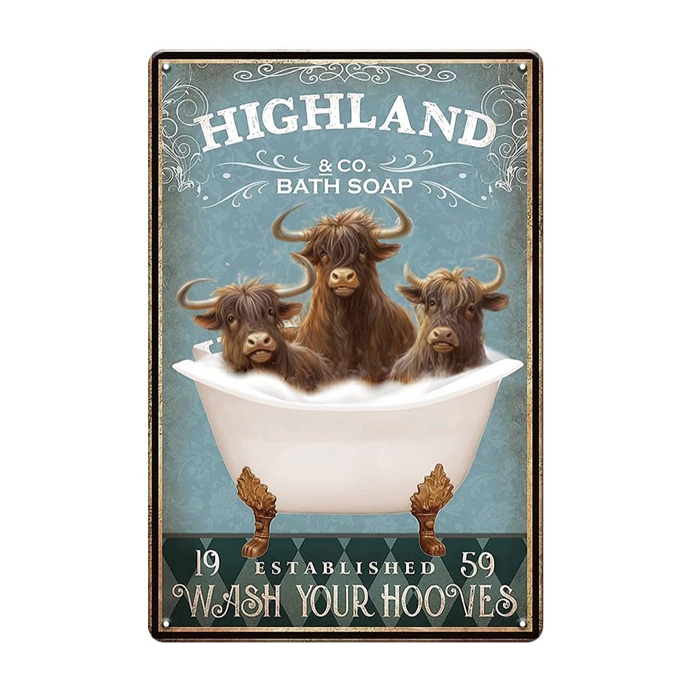 Funny Highland Cow Bathroom Decor Sign - Vintage Metal Tin Sign for Bathroom, Washroom & Farmhouse Wall Art - Wash Your Hooves Humor - 8x12 Inch Rustic Home Decor - Perfect for Cow Lovers & Farmhouse Style