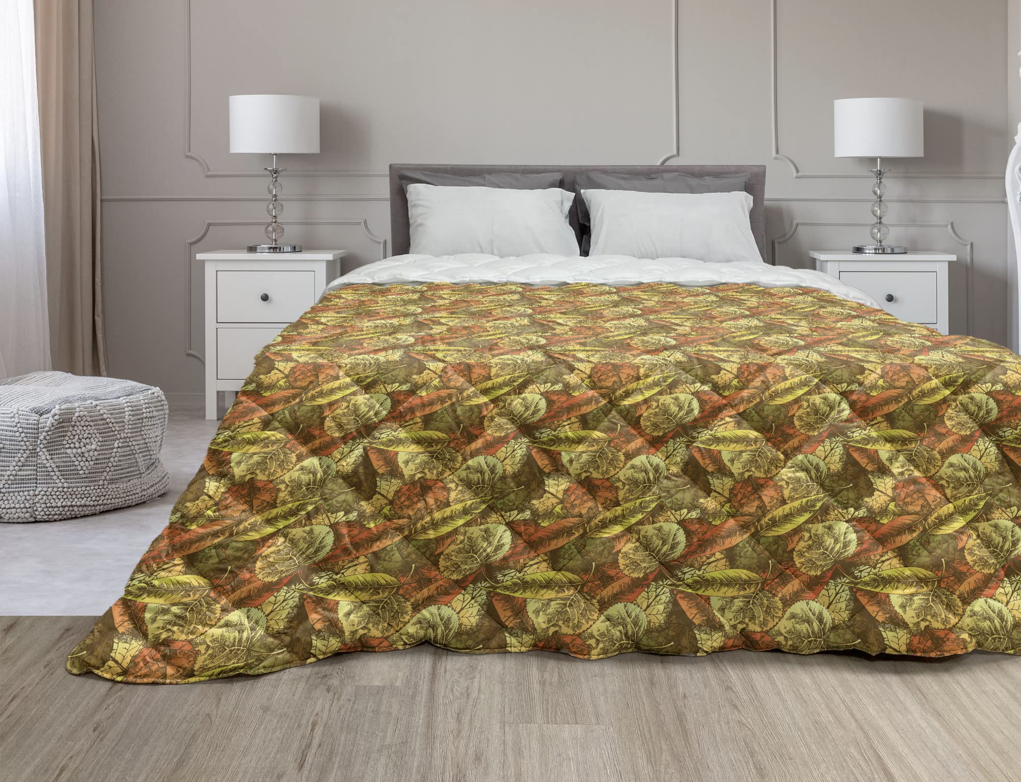 Ambesonne Autumn Down Alternative Comforter - Queen Size Microfiber Quilt with Dried Leaves Fall Woodland Pattern in Chocolate & Multicolor | All-Season Bedding for Cozy Home Decor, Guest Room & Cabin Retreat
