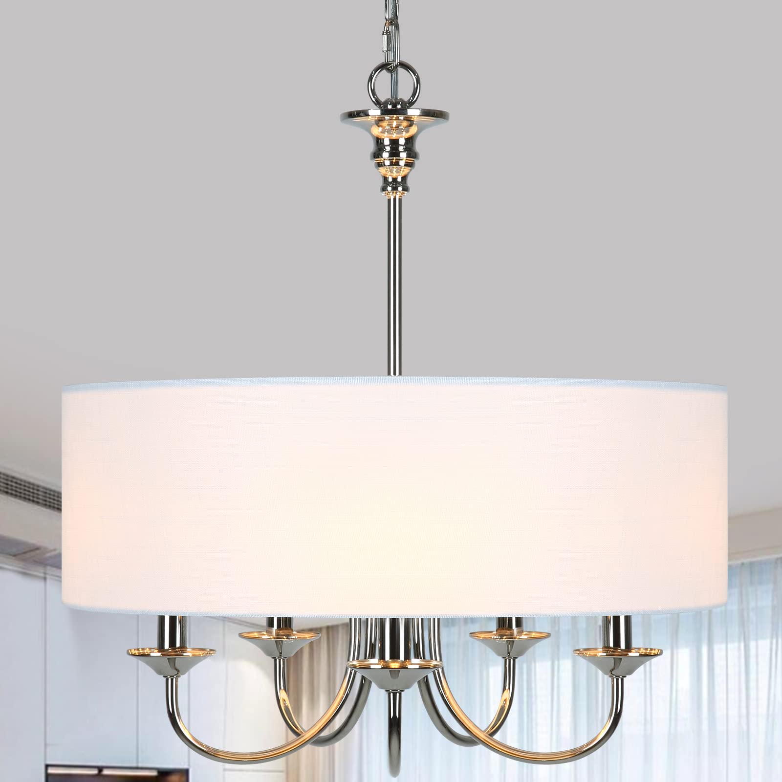 5-Light Traditional Chandelier with White Linen Drum Shade - Elegant Ceiling Light Fixture for Dining Room, Living Room & Kitchen | Perfect for Farmhouse, Vintage & Modern Home Decor