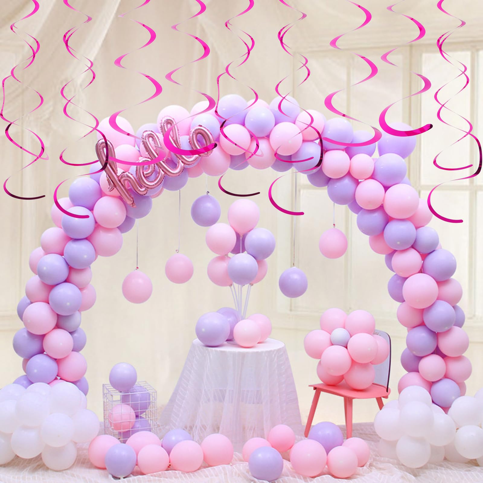 30 PCS Hot Pink Metallic Foil Party Swirl Decorations - Double & Single Swirl Hanging Streamers for Ceiling - Perfect for Birthday, Wedding & Holiday Party Decor