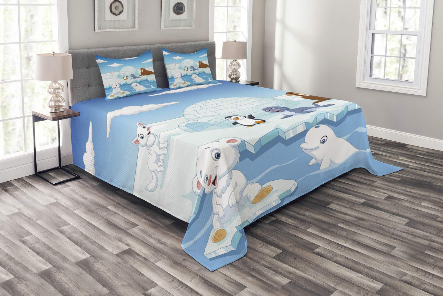 Ambesonne Arctic Animals Bedspread Set - Polar Bears, Seals, Penguins, Wolves & Whales Artwork, 3-Piece Decorative Bedding Coverlet with 2 Pillow Shams, Queen Size, Sky Blue & White - Perfect for Winter Themed Bedrooms & Cozy Cabin Decor