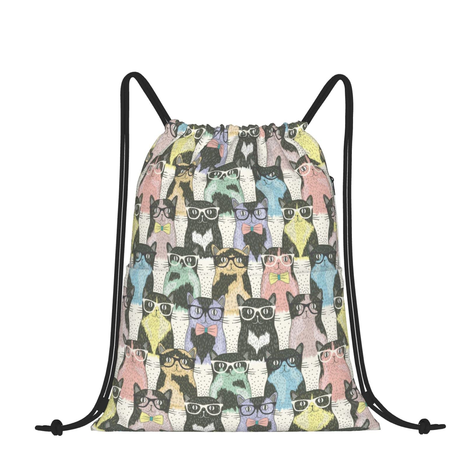 Cute Kittens Wearing Glasses Drawstring Backpack - Large Capacity Lightweight Cinch Sack for Women, Men & Students - Perfect for Gym, Sports, Travel & School (Hand Drawn Cartoon Cat Art Design)