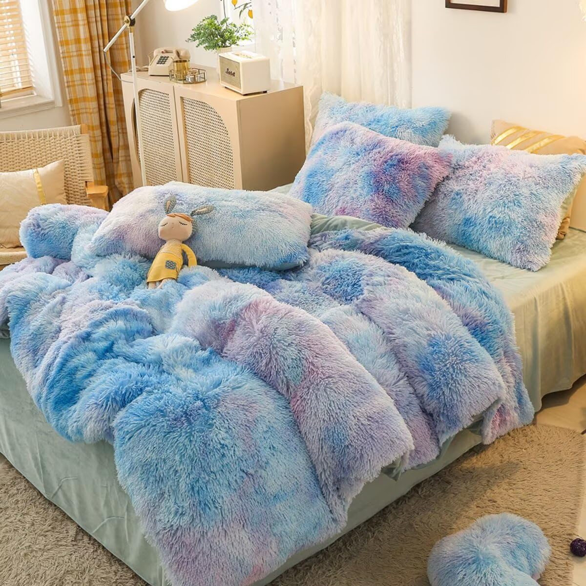 Soft Shaggy Faux Fur Duvet Cover Set - King Size Starry Sky Blue with Zipper Closure (1 Duvet Cover + 2 Pillow Shams) for Girls, Women & Kids - Cozy Crystal Velvet Bedding for Winter Nights & Luxury Bedroom Decor