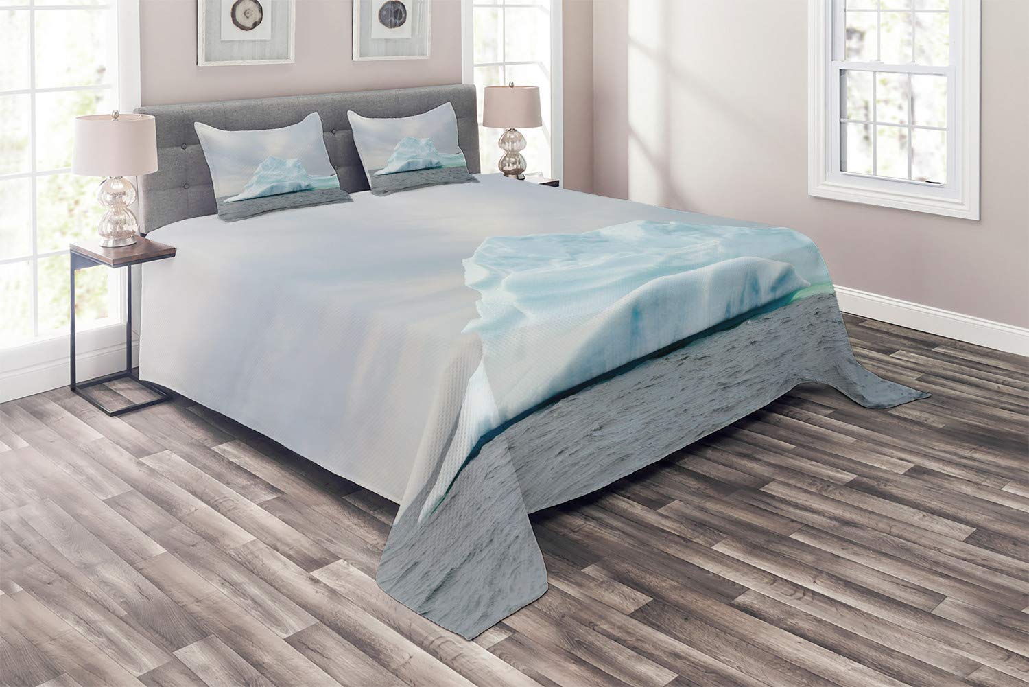 Ambesonne King Size 3-Piece Quilted Bedspread Set with 2 Pillow Shams - Pale Blue Purple Iceberg Design, Rocky Water Formation - Cozy Bedroom Decor for Winter & Luxury Hotel Style