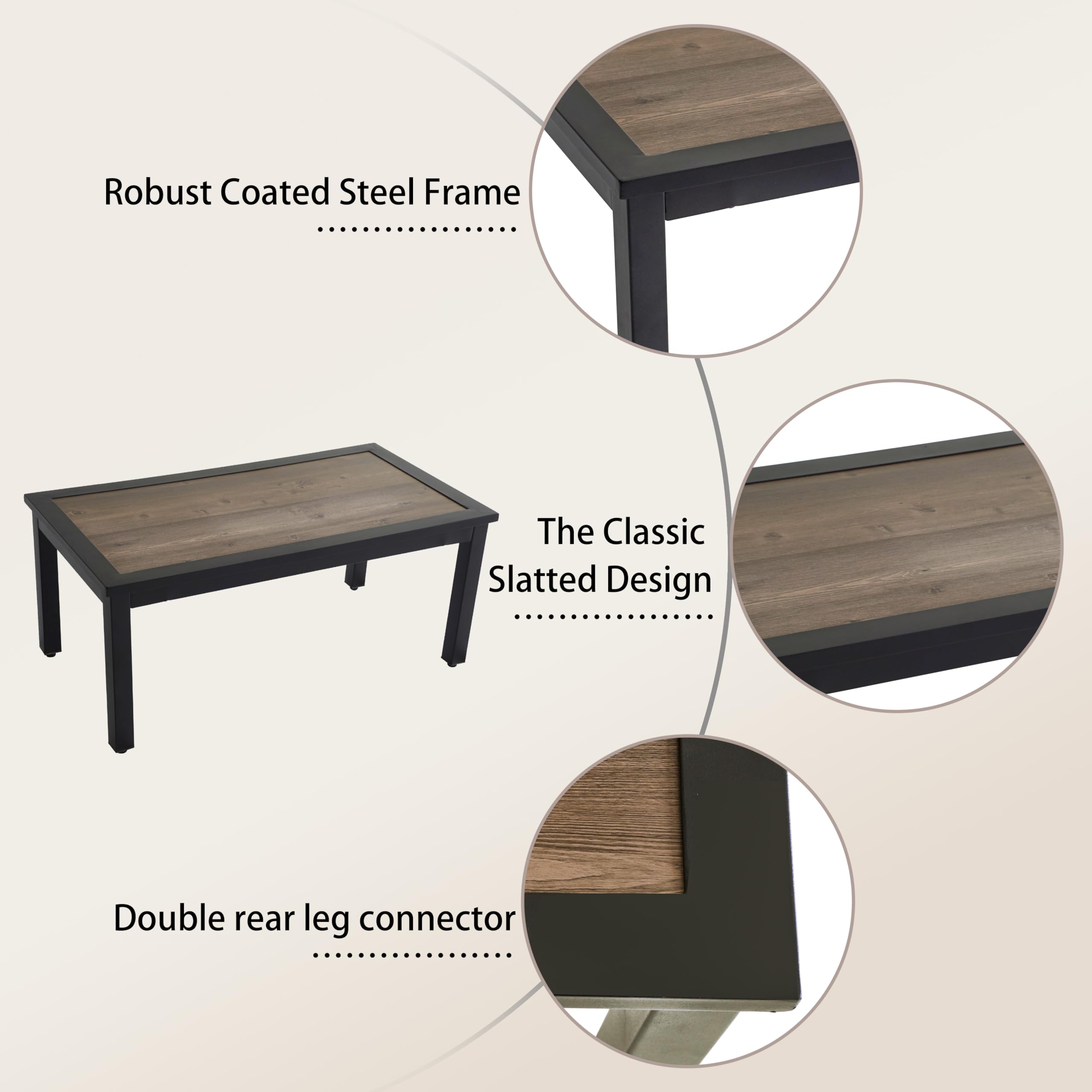 LOKATSE HOME Outdoor Metal Coffee Table with Wood Grain Top - Rectangle Patio Furniture for Backyard, Deck, Lawn & Garden - Perfect for Poolside Lounging & Outdoor Entertaining