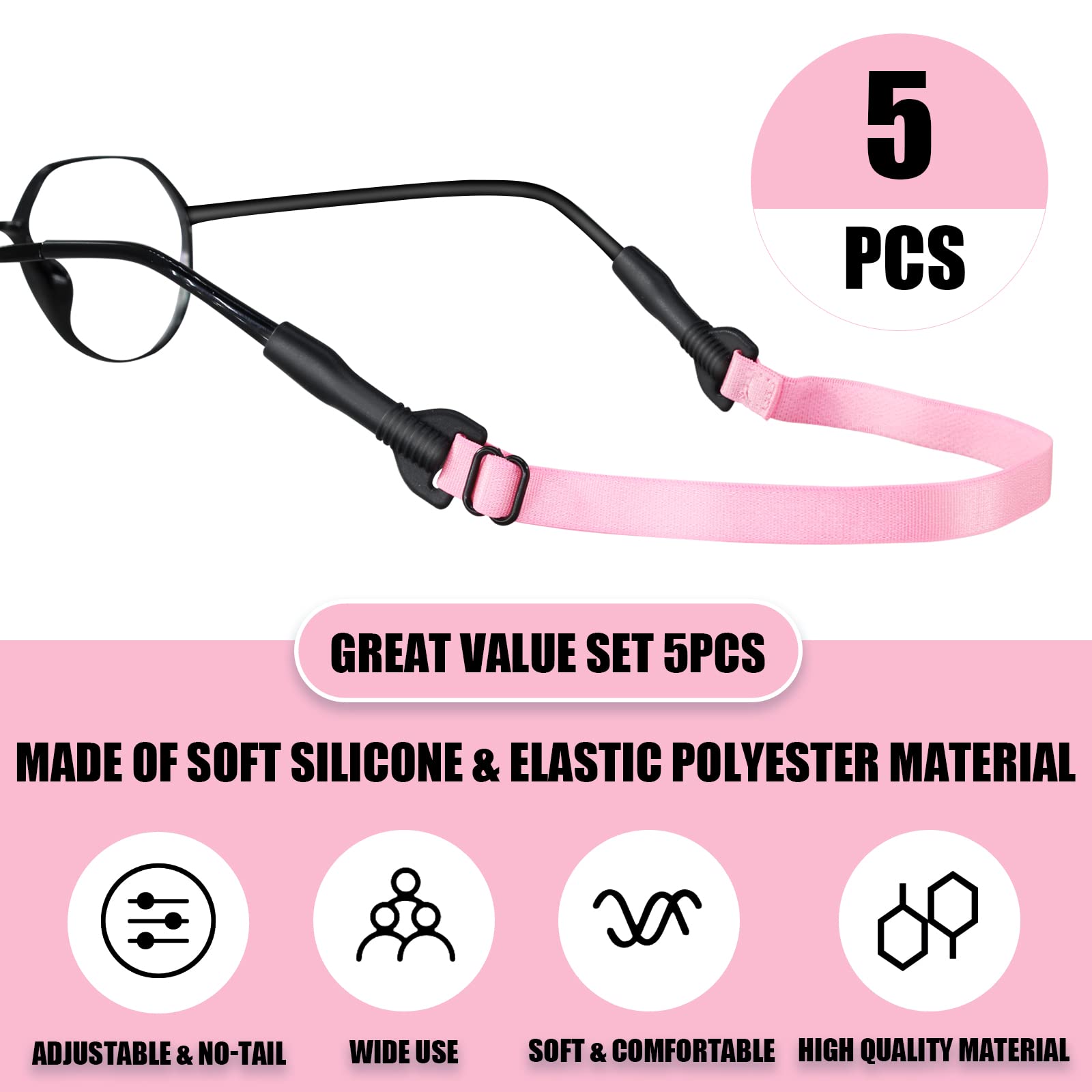 Adjustable Anti-Slip Eyeglasses Strap 5PCS - Sports Sunglasses Holder for Men, Women & Kids (8.7-22inch) - Black/Pink/Yellow/Purple/Red - Perfect for Running, Hiking, Swimming & Outdoor Activities