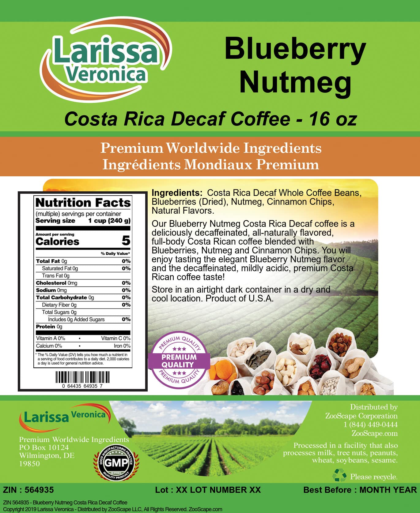 Premium Blueberry Nutmeg Decaf Coffee Beans - Costa Rica Origin, Gourmet Naturally Flavored, Whole Bean, 16 oz (2 Pack) | Perfect for Morning Brew, Gifts & Relaxing Evenings