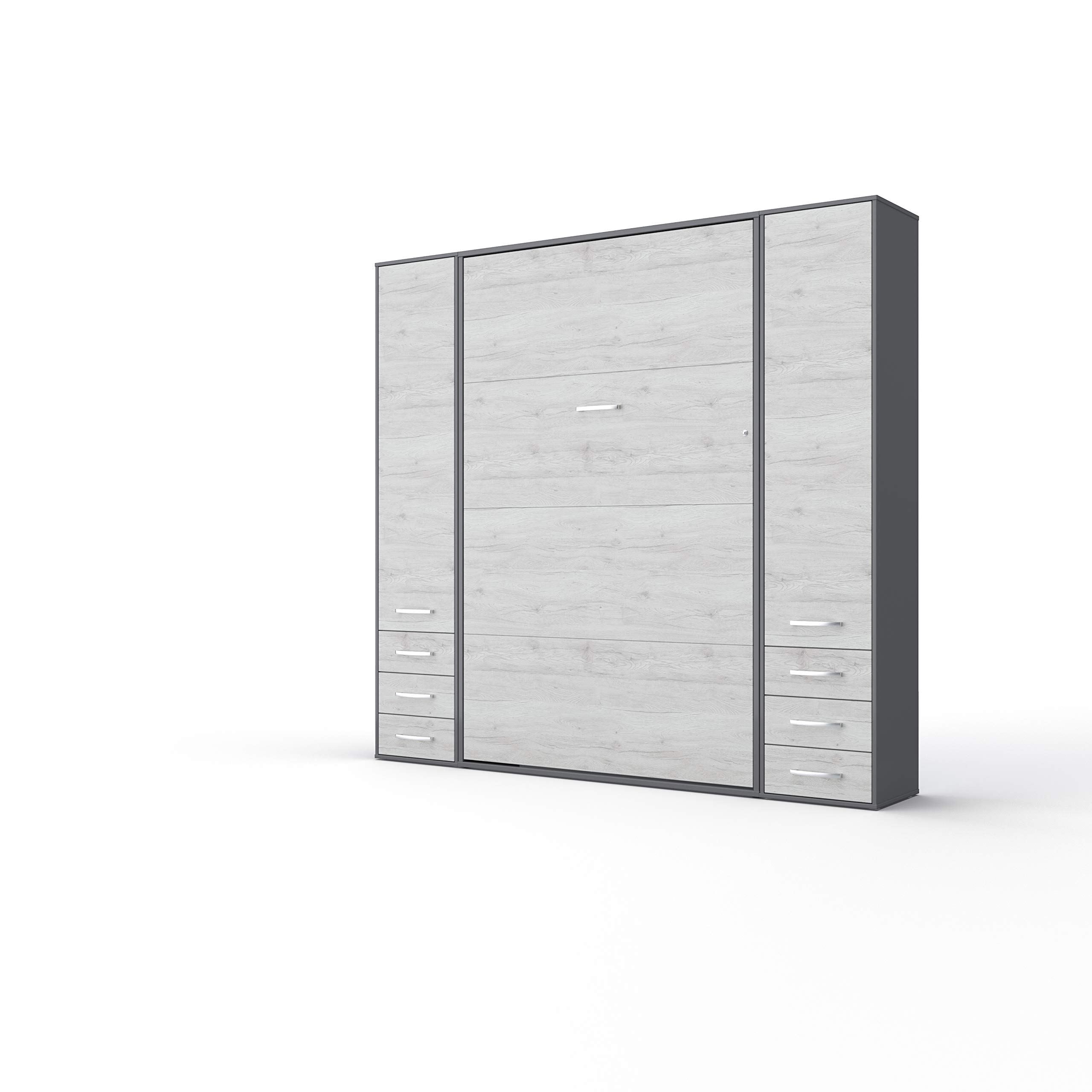 **European Full Size Vertical Wall Bed with Mattress - 2 Built-in Cabinets, Slate Grey/White Monaco - Space-Saving Solution for Small Apartments & Guest Rooms**