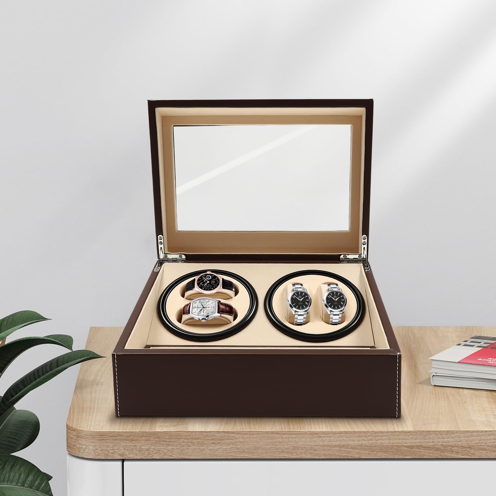 Automatic Watch Winder for 4-6 Watches - Rotating Display Case with Genuine Leather Storage Box for Men & Women (Brown) | Perfect for Watch Collection, Display & Protection at Home or Office