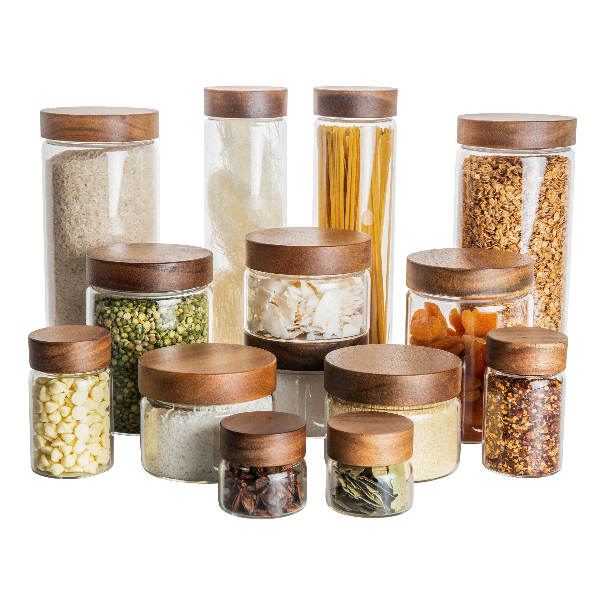 Premium Acacia Wood Glass Jar Set - 3-Piece Pantry Organization Kit for Spices, Coffee & Tea - Perfect for Kitchen Storage & Home Decor