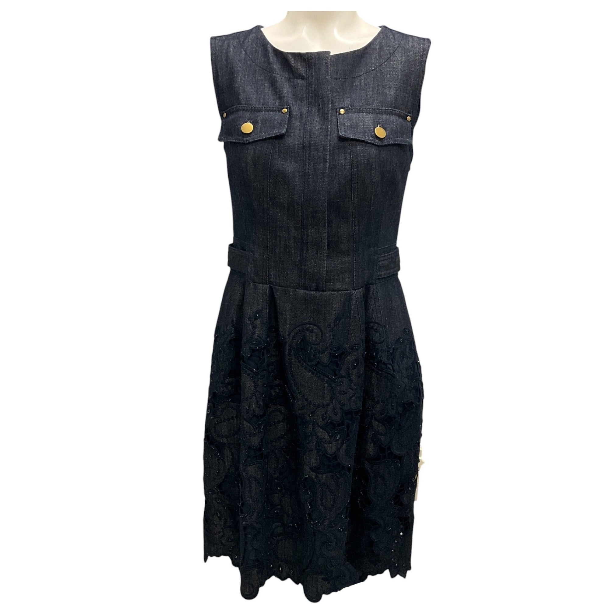 Alberta Ferretti Women's Dark Blue Denim Sleeveless Embroidered Eyelet Mini Dress - Perfect for Summer Parties, Date Nights & Beach Vacations
