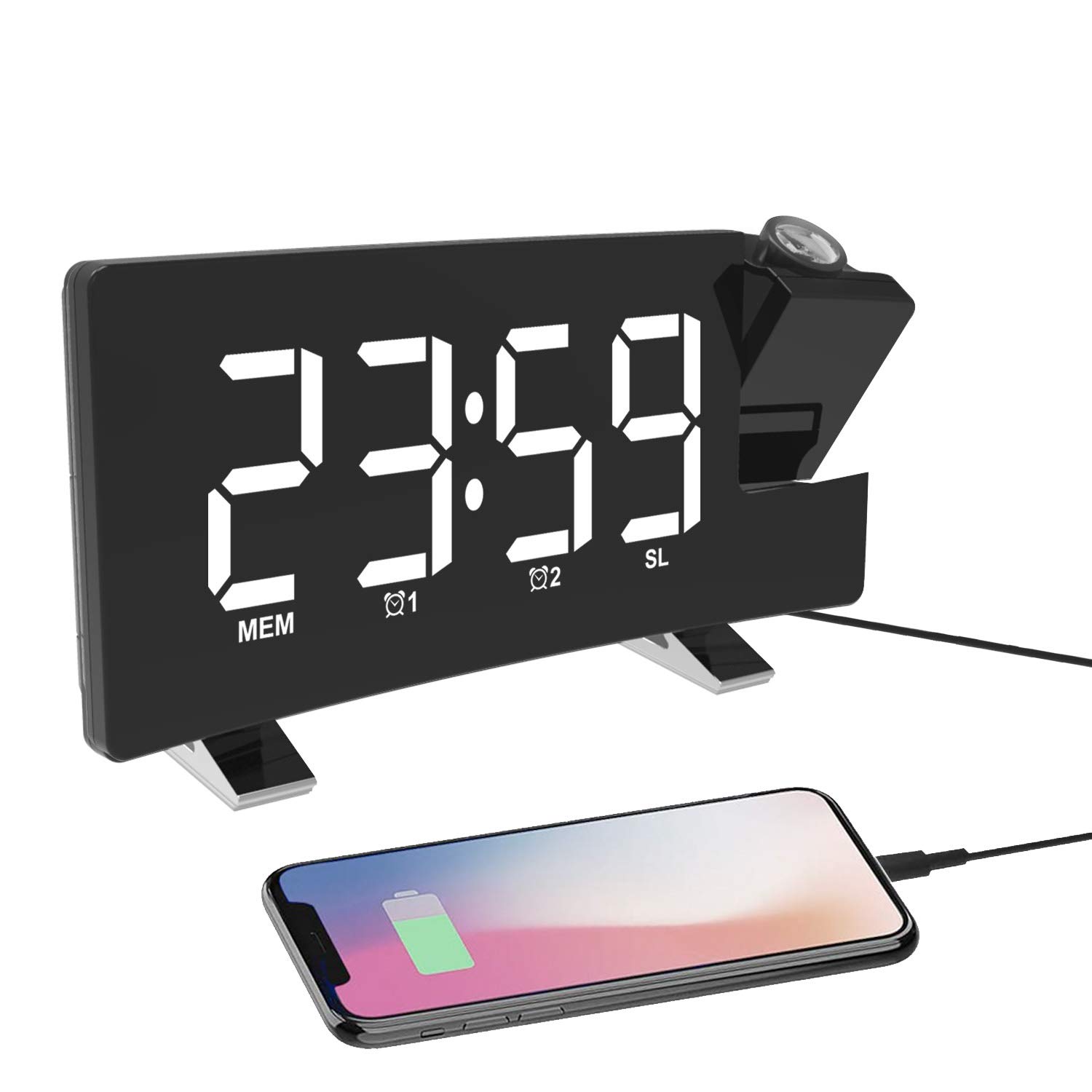 3H Digital Projection Alarm Clock with FM Radio, USB Charger, Dual Alarms, 5