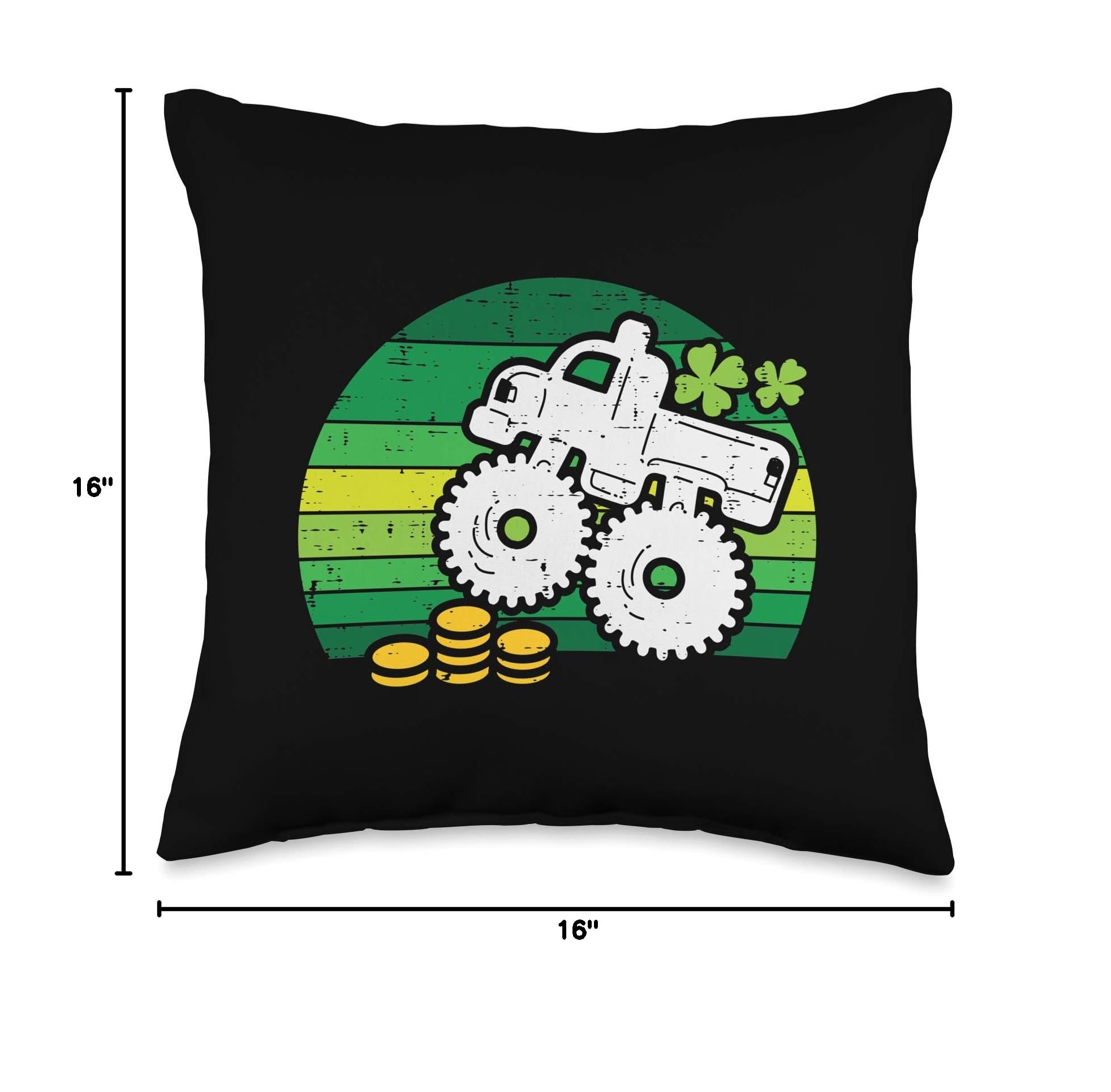 Monster Truck Shamrock Retro St. Patrick's Day Throw Pillow - Fun Gift for Boys & Kids - Perfect for Bedroom Decor, Playroom Accent & Holiday Celebrations