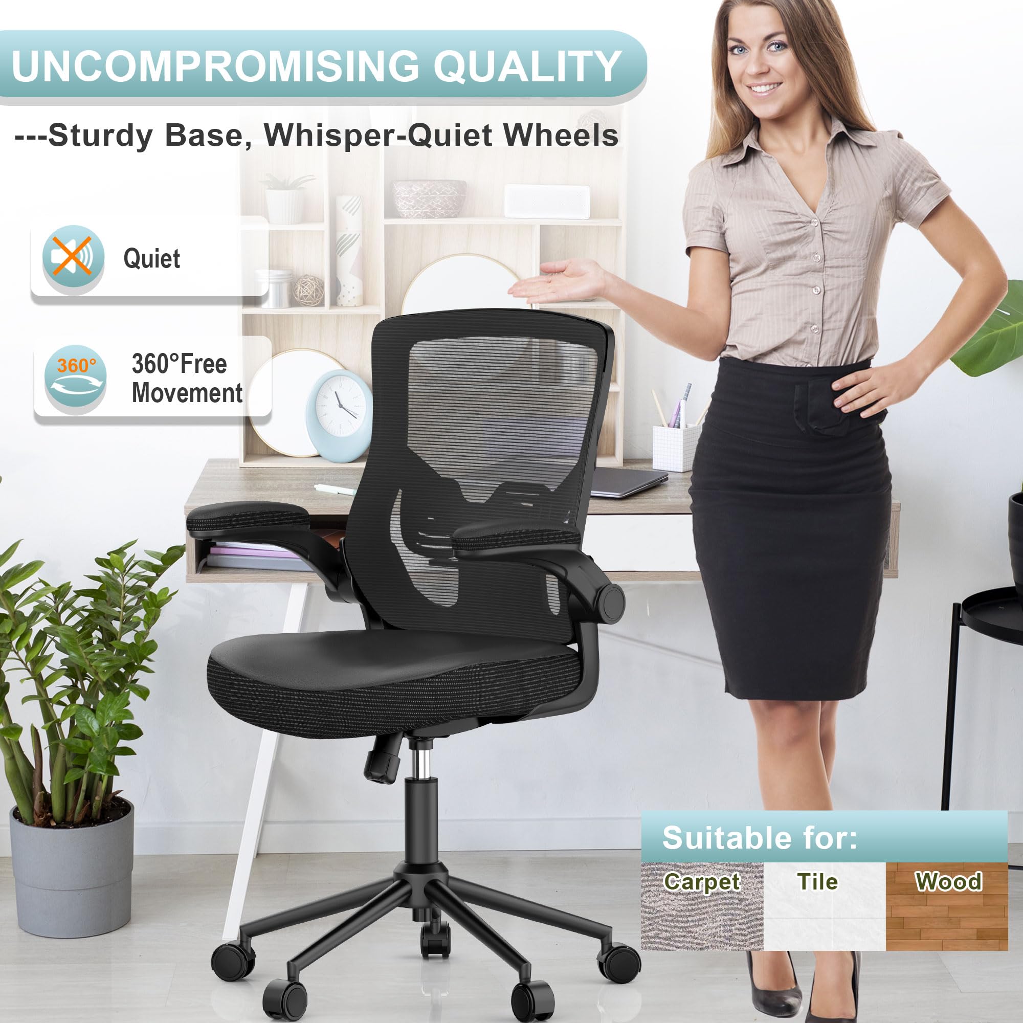 Ergonomic Office Chair with Adjustable Height, High Back & Lumbar Support - Home & Executive Desk Chair with Flip-Up Armrests & Swivel Base - Perfect for Long Work Hours, Gaming & Remote Work Setup