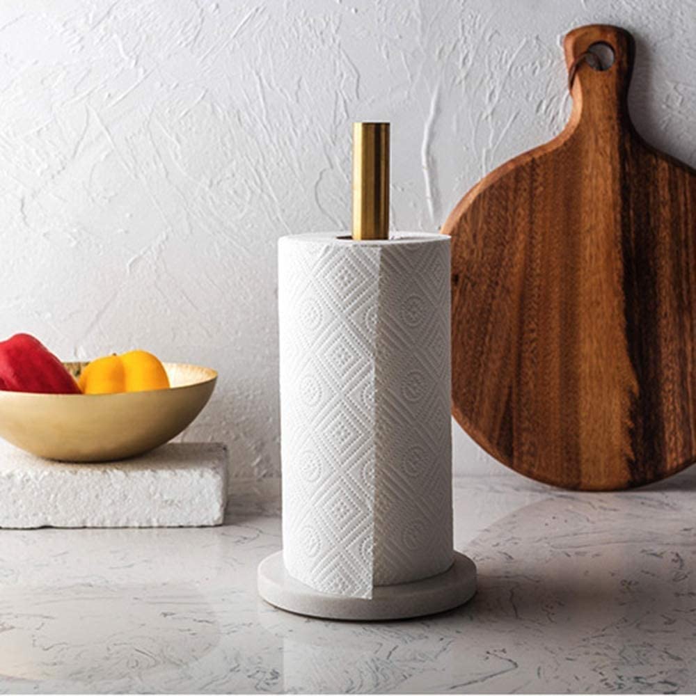 Modern Marble Base Paper Towel Holder - Standing Kitchen Roll Dispenser for Standard Rolls, White - Perfect for Countertops, Kitchens, and Dining Areas