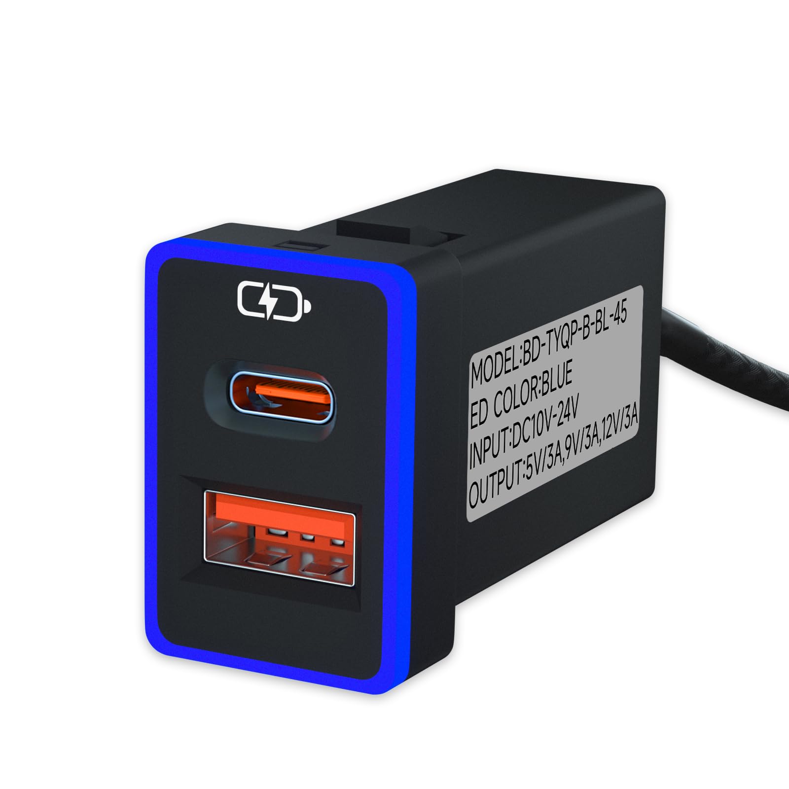 PD QC3.0 Fast Car Charger with Type C & USB Ports - LED Light Display - Compatible with Toyota & Most Smartphones (Blue, 1.3x0.9inch) - Perfect for Road Trips & Daily Commute