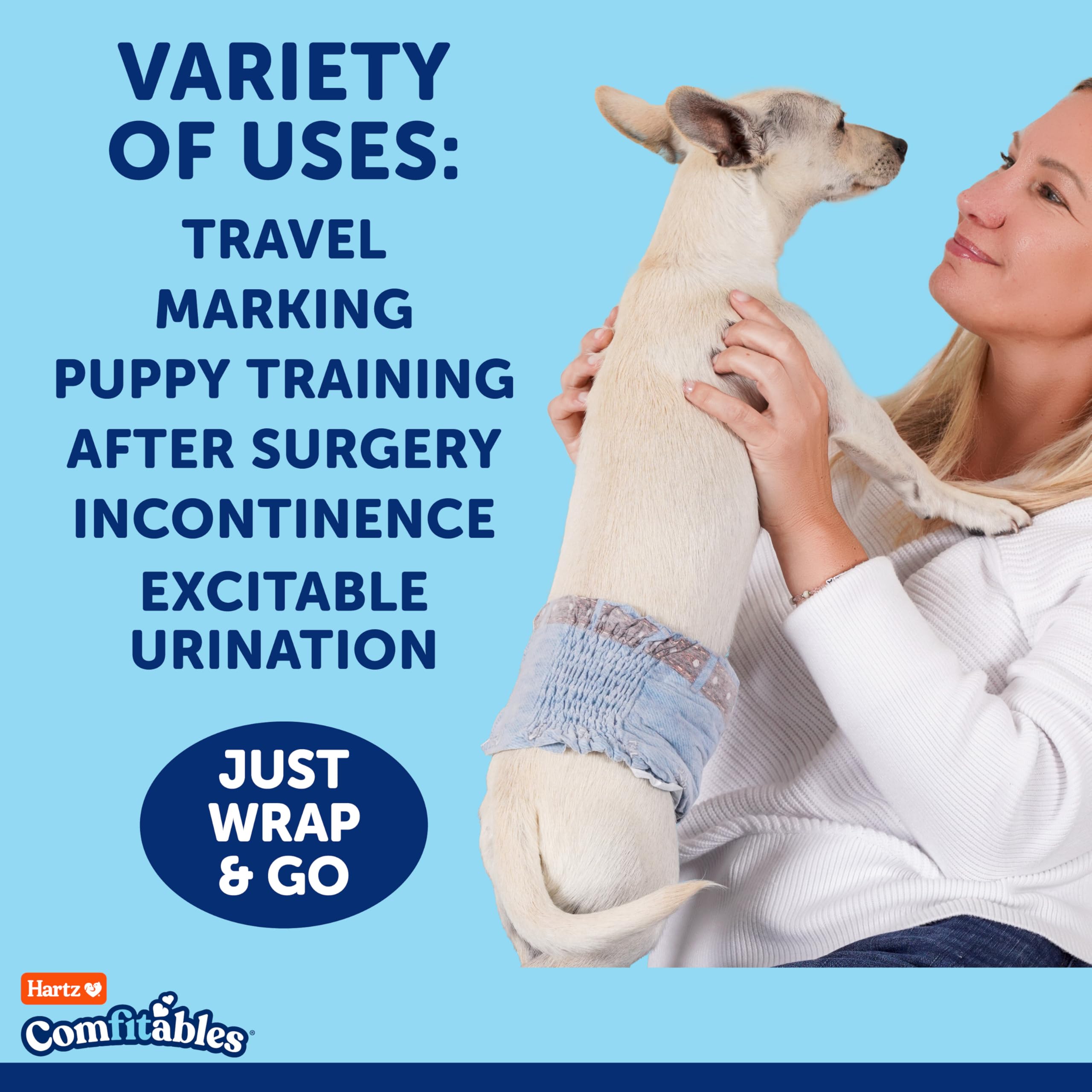 Hartz Comfitables Disposable Male Dog Wraps for Small Dogs - Stretchy Waistband, 12 Count - Perfect for House Training, Travel & Senior Dogs with Incontinence Issues