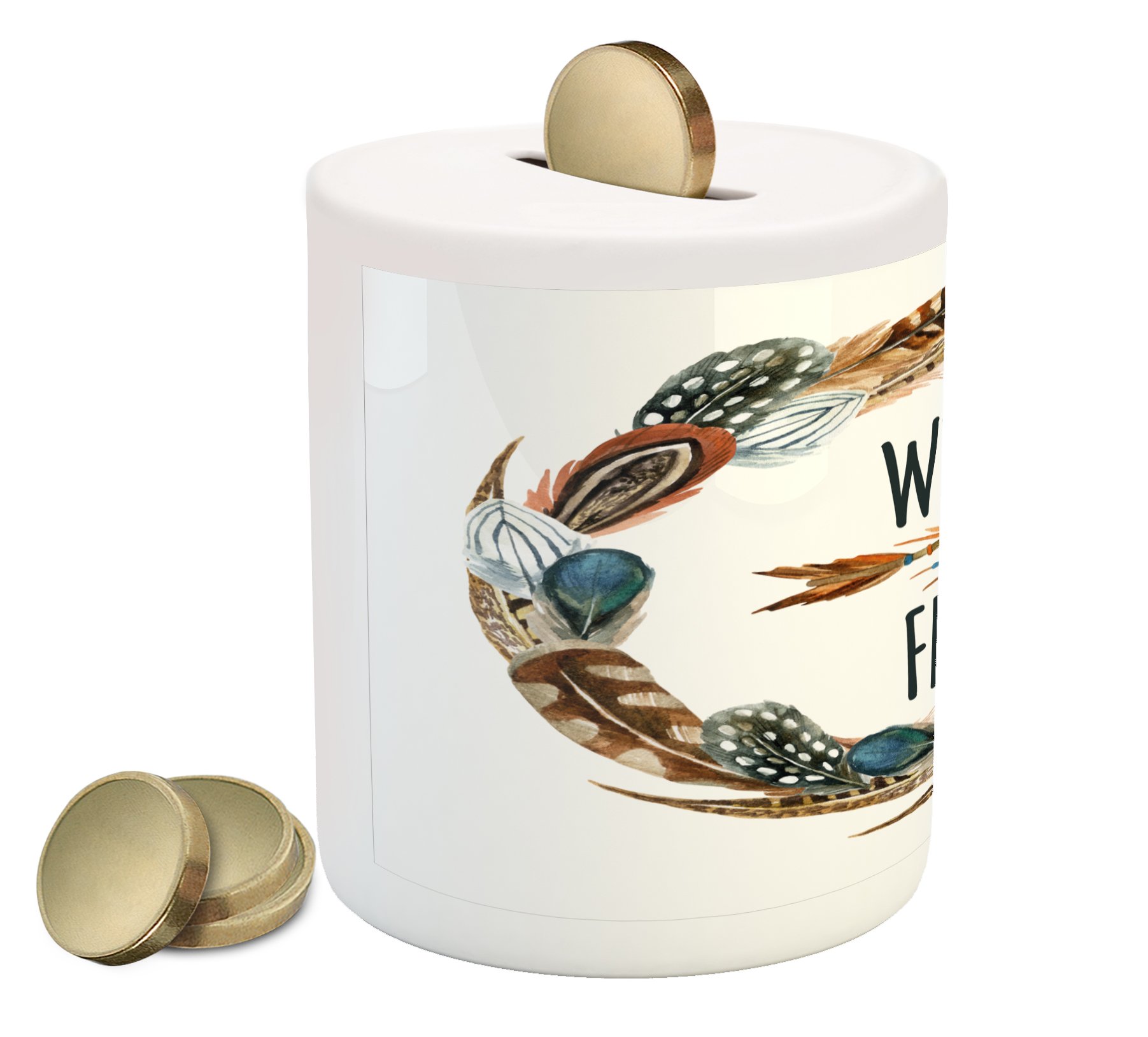 Ambesonne Feather Piggy Bank - Ceramic Money Box with Watercolor Wreath & Bird Feathers Design for Cash Savings (Brown, Orange, Blue) | Perfect Gift for Kids, Teens & Home Decor