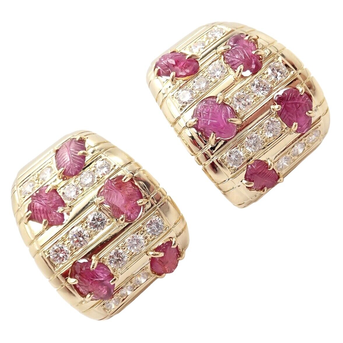 Vintage Andrew Clunn 18K Yellow Gold Diamond Carved Leaf Ruby Earrings - Elegant Antique Jewelry for Weddings, Parties & Special Occasions