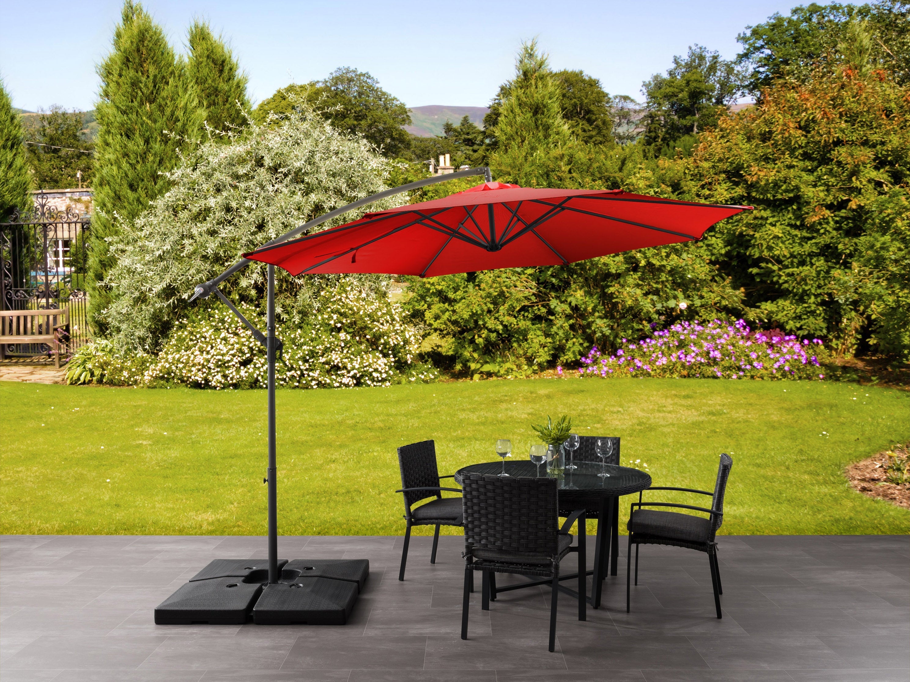 9.5ft Tilting Offset Patio Umbrella - Sun Shade with Adjustable Cantilever for Outdoor Dining, Poolside & Backyard - Waterproof & UV Protection (Crimson Red)