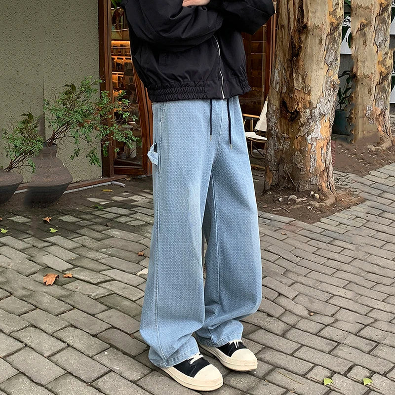 Men's Washed Denim Jeans - Straight Wide Leg Loose Fit Casual Pants with Drawstring & Printing | Spring Collection | Perfect for Everyday Wear, Street Style & Casual Outings