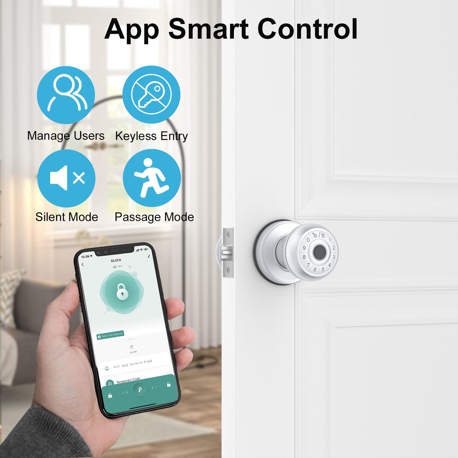 4-in-1 Smart Door Knob with Fingerprint, Keypad & App Control - Auto Lock & Privacy Mode - Secure Entry for Homes, Offices & Garages (Silver, 1 Pack) - Perfect for Smart Home Security & Keyless Access