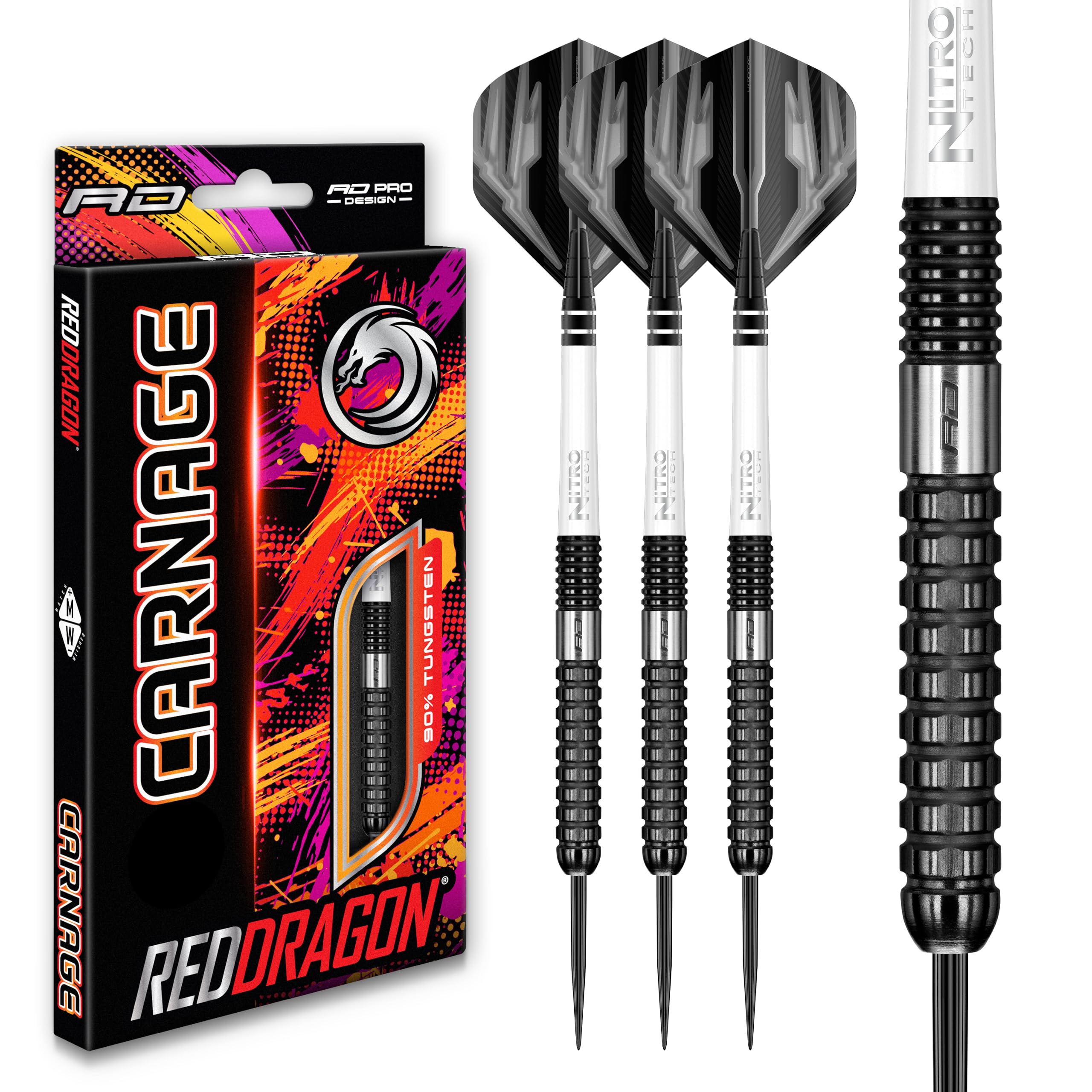 Red Dragon Carnage 1 & 2 - 90% Tungsten Steel Darts Set with Flights, Shafts, Wallet & Checkout Card | Professional Darts for Tournaments & Home Practice