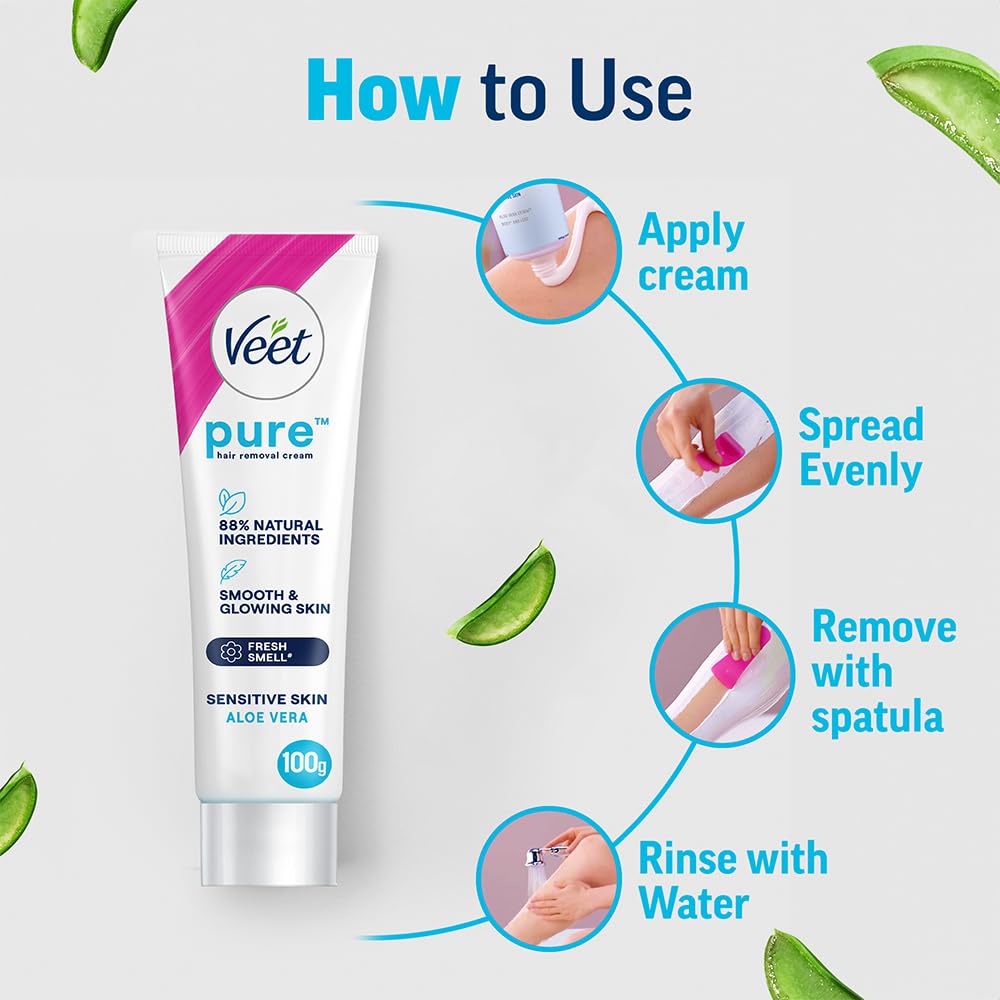 Veet Pure Hair Removal Cream for Women - Sensitive Skin Formula, 100g | Painless & Gentle Depilatory for Legs, Underarms, Bikini Line & Arms | At-Home Smooth Skin Solution for Summer, Beach & Daily Care