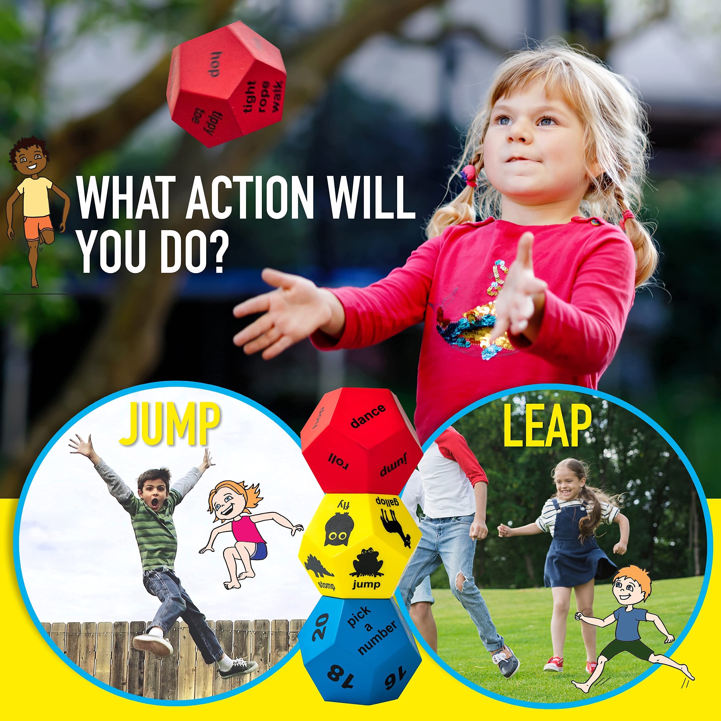 Fun Exercise Dice for Kids - Indoor & Outdoor PE Equipment, Active Play Toys for Toddlers & Children in Preschool, Kindergarten & Elementary School - Perfect for Recess, Gym Class & Home Playtime
