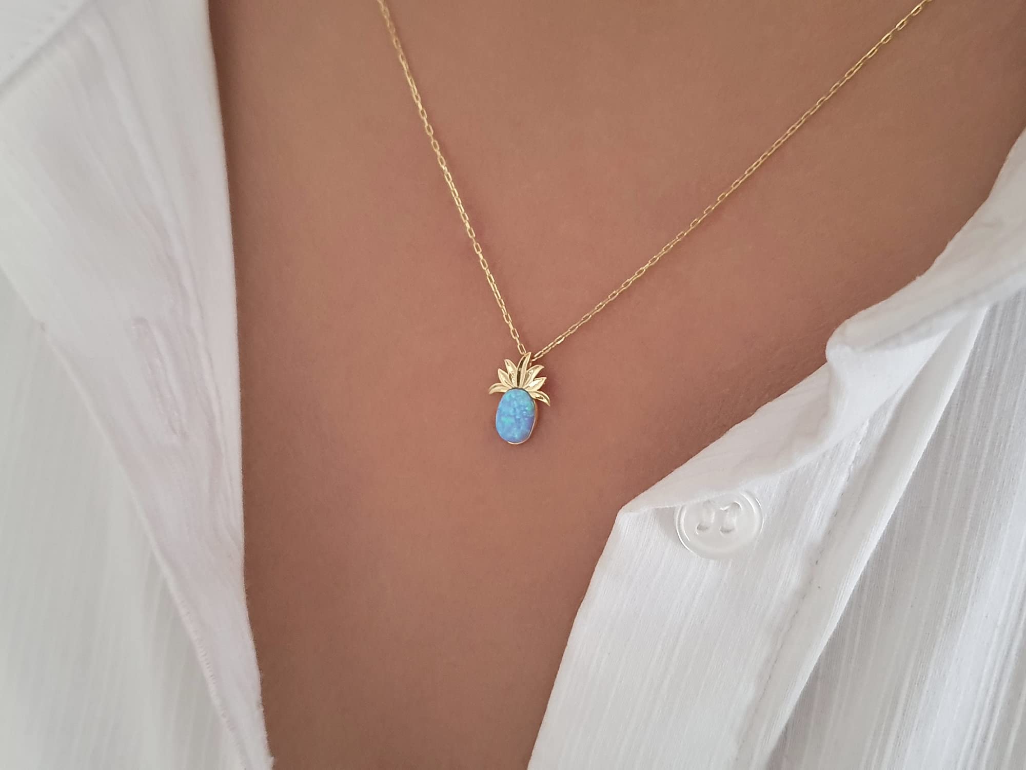 14K Solid White Gold Pineapple Blue Opal Pendant Necklace - Dainty Jewelry Gift for Women, Christmas, Valentine's Day & Mother's Day - Perfect for Everyday Wear, Date Nights & Special Occasions