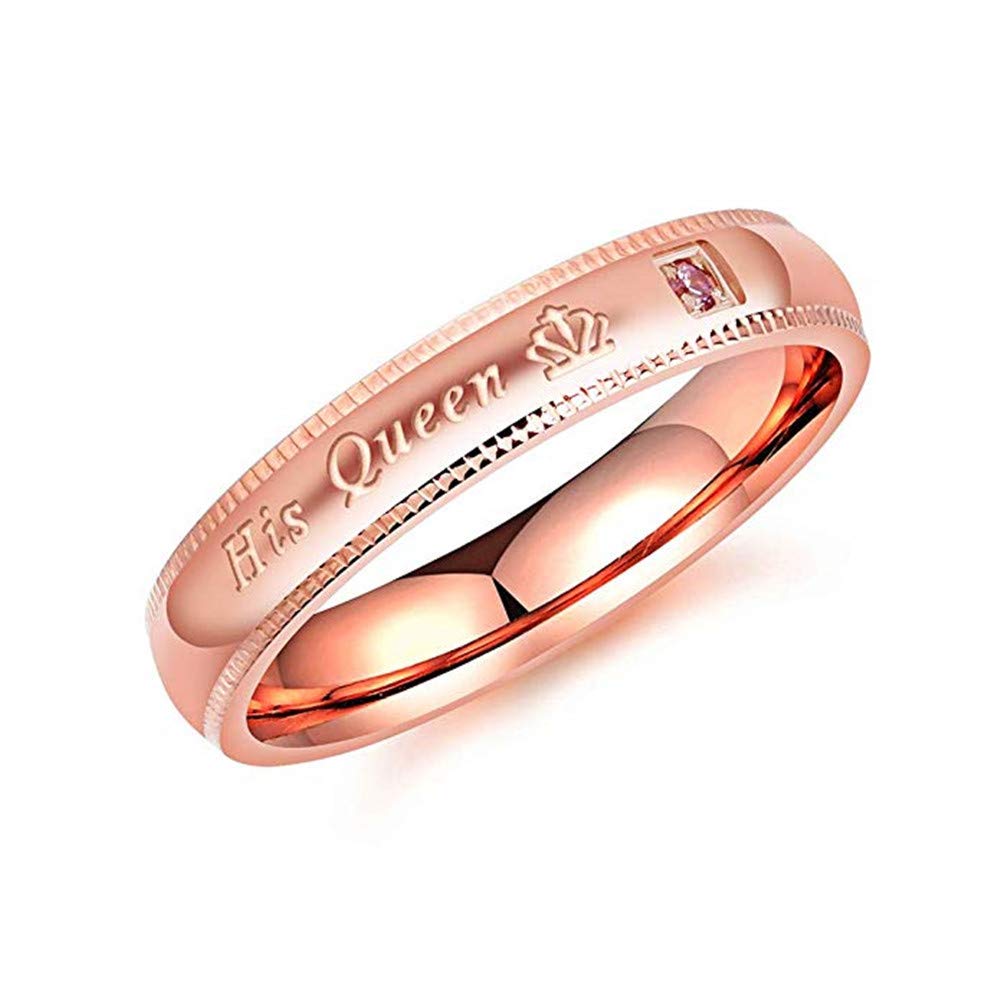 Meniliths Wedding & Engagement Rings for Couples - Stainless Steel Matching Band Set with Cubic Zirconia, His & Hers Engraved Rose Gold Rings (Queen/King Design) - Perfect for Anniversaries, Proposals & Romantic Gifts (Rose Gold-9)
