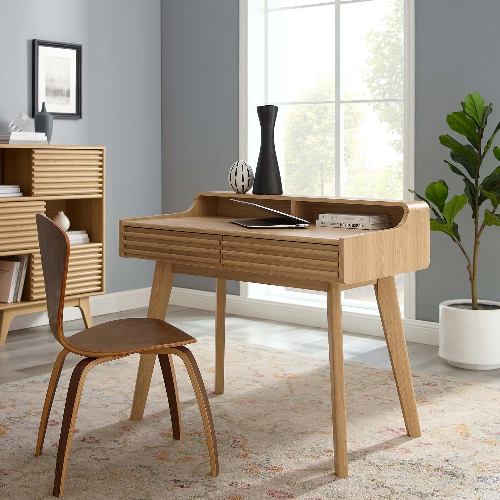 Modern Brown Oak Wood Computer Work Desk - Contemporary Home Office Furniture for Business & Remote Work