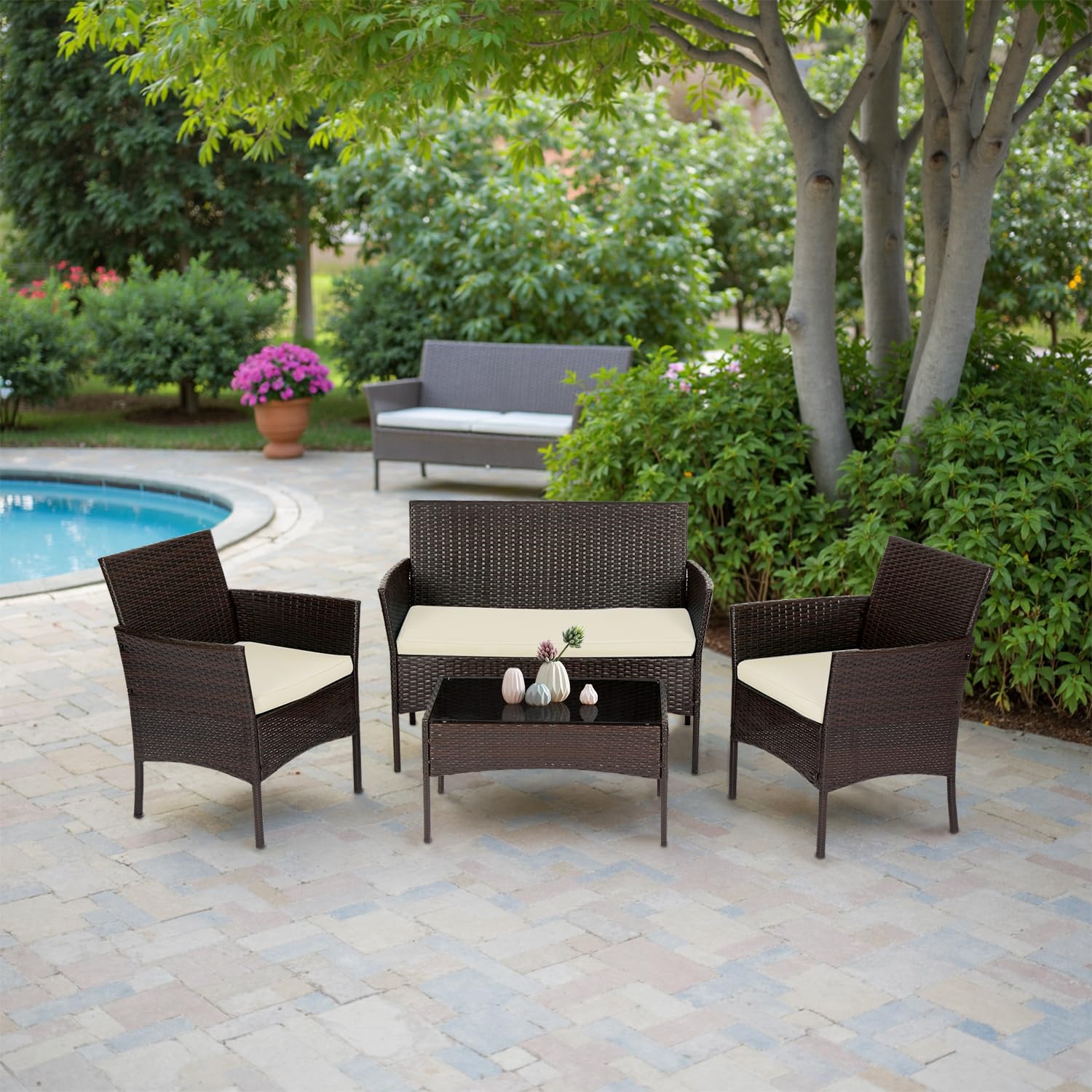 FDW 4-Piece Patio Furniture Set - Outdoor Rattan Wicker Sofa & Chairs, Garden Conversation Bistro Set for Yard, Deck or Poolside (Brown) | Perfect for Backyard Relaxation, Outdoor Dining & Entertaining Guests