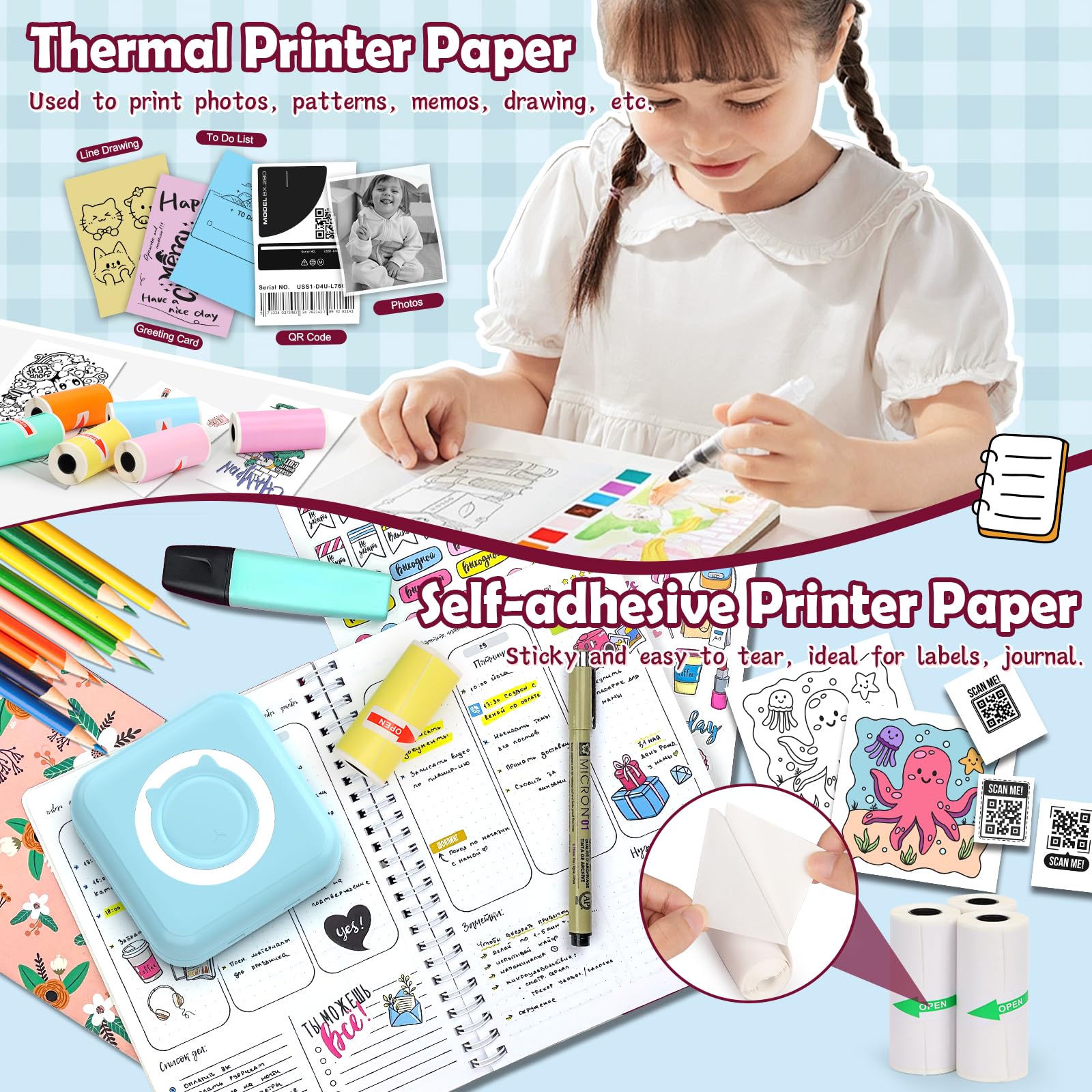 10 Rolls Mini Thermal Printer Paper - 4 White & 6 Colorful Sticky Rolls (57x25mm) for Receipt Printers, Notes, Journals, Memos, Photos & Study - Perfect for Labeling, Organizing & Creative Projects