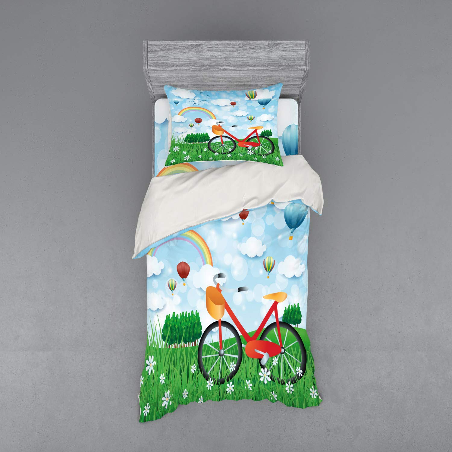 Ambesonne Cartoon Duvet Cover Set - Spring Landscape with Rainbow Clouds, Hot Air Balloons & Bicycle on Daisy Field | 3-Piece Bedding Set with Pillow Sham & Fitted Sheet | Twin XL Size | Vibrant Multicolor | Perfect for Kids' Rooms, Dorm Decor & Whimsical Bedroom Themes