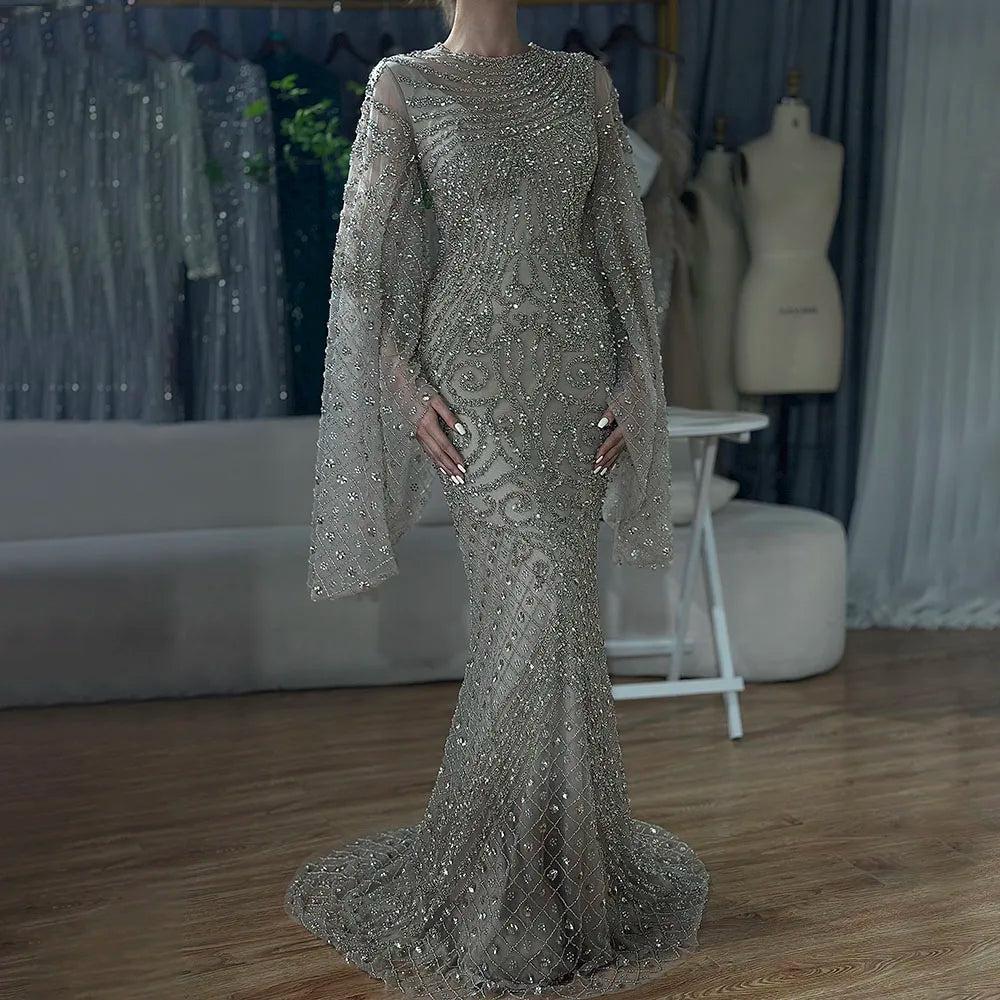 Luxury Dubai Flared Sleeves Caramel Beaded Saudi Arabic Mermaid Evening Dress Gown for Women - Formal Occasion Wedding Party Prom Night LA72771