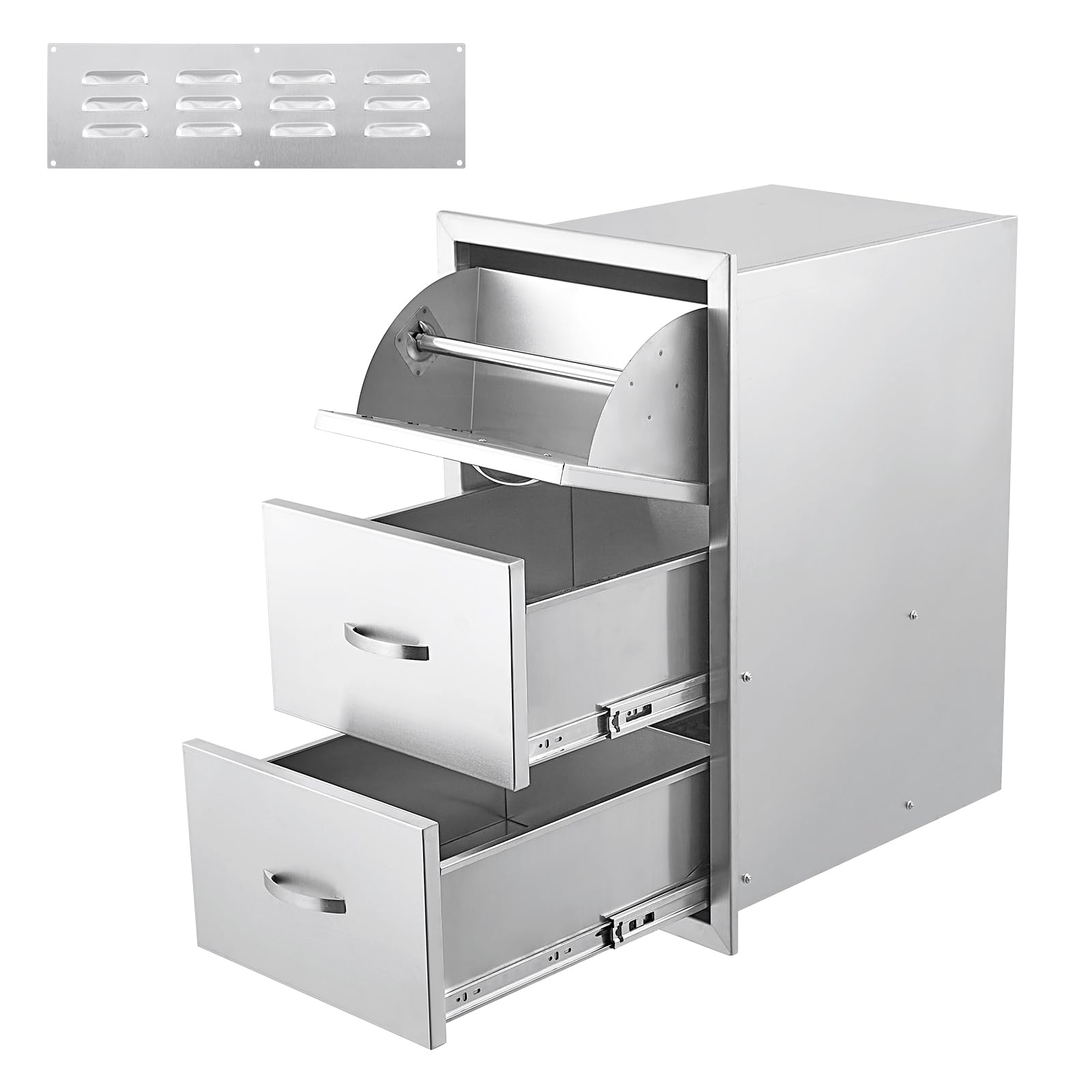 Stainless Steel Triple BBQ Drawers for Outdoor Kitchen Island - 17W x 30H x 21D Inch with Paper Towel Holder | Perfect for Grilling, Patio Cooking & Backyard Entertaining