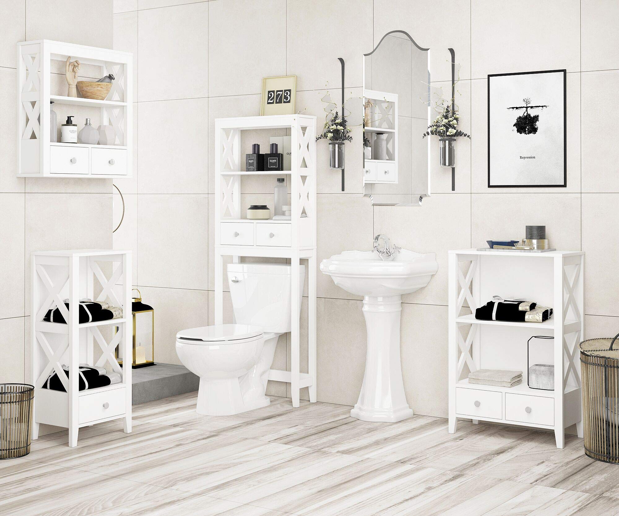 White X-Frame Over The Toilet Storage Shelf with Drawers - Bathroom Space Saver Organizer for Toiletries, Towels & Cleaning Supplies - Perfect for Small Bathrooms, Apartments & Powder Rooms