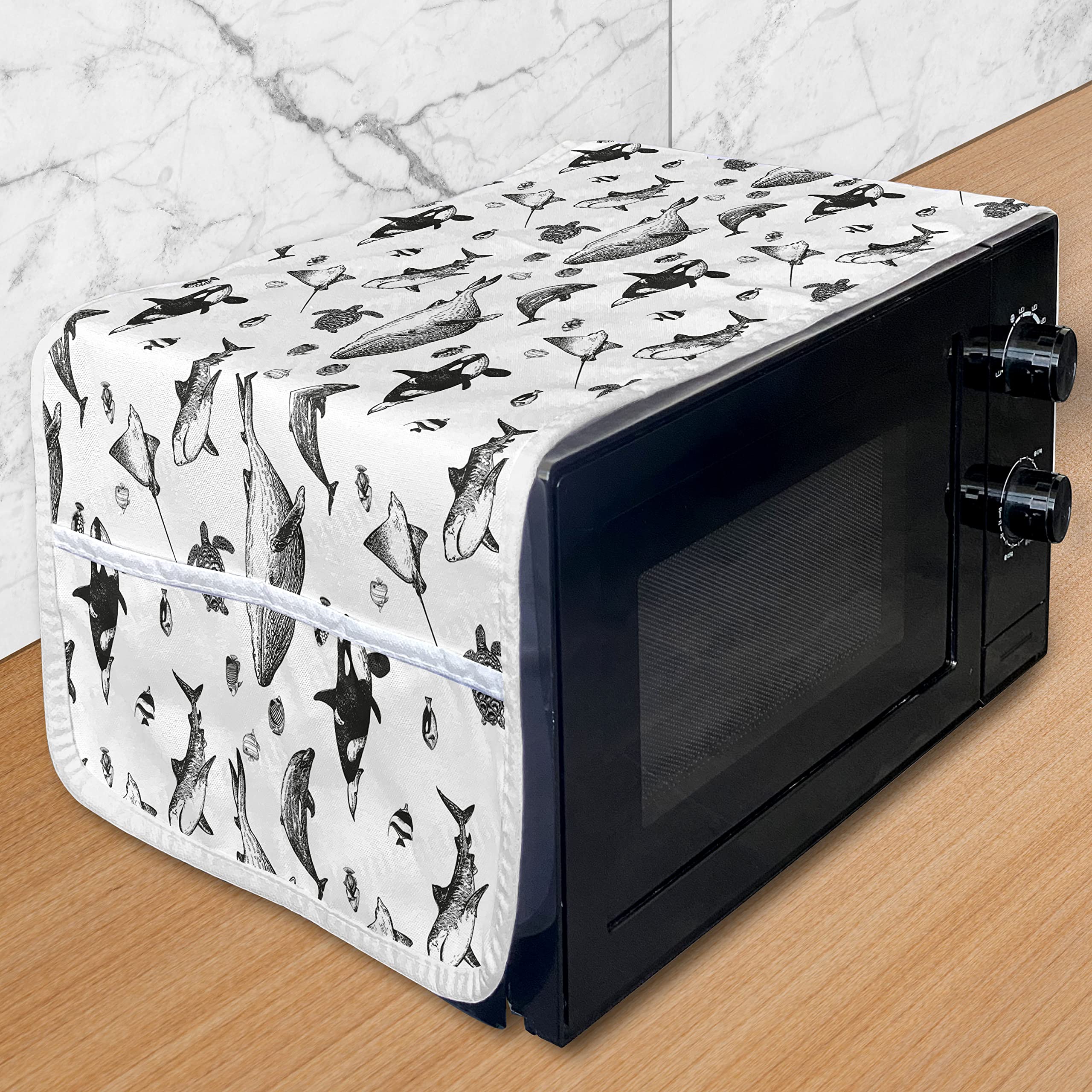Ambesonne Nautical Microwave Oven Cover - Vintage Monochrome Whale, Fish & Turtle Design - Water Resistant Kitchen Organizer with Pockets - 36
