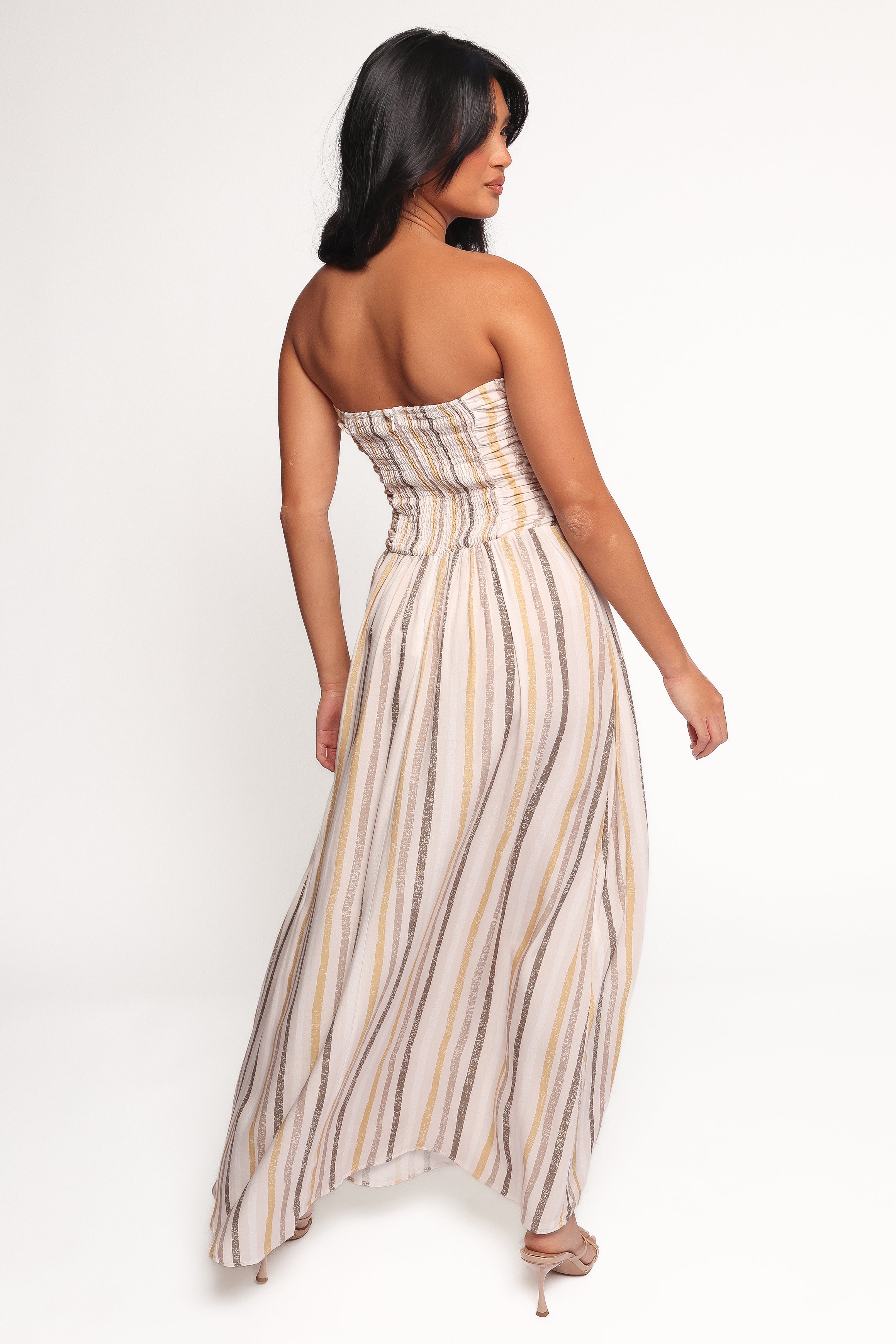 Jimena Strapless Maxi Dress - Brown Striped Summer Beach Dress for Women | Boho Chic Wedding Guest Outfit & Vacation Dress