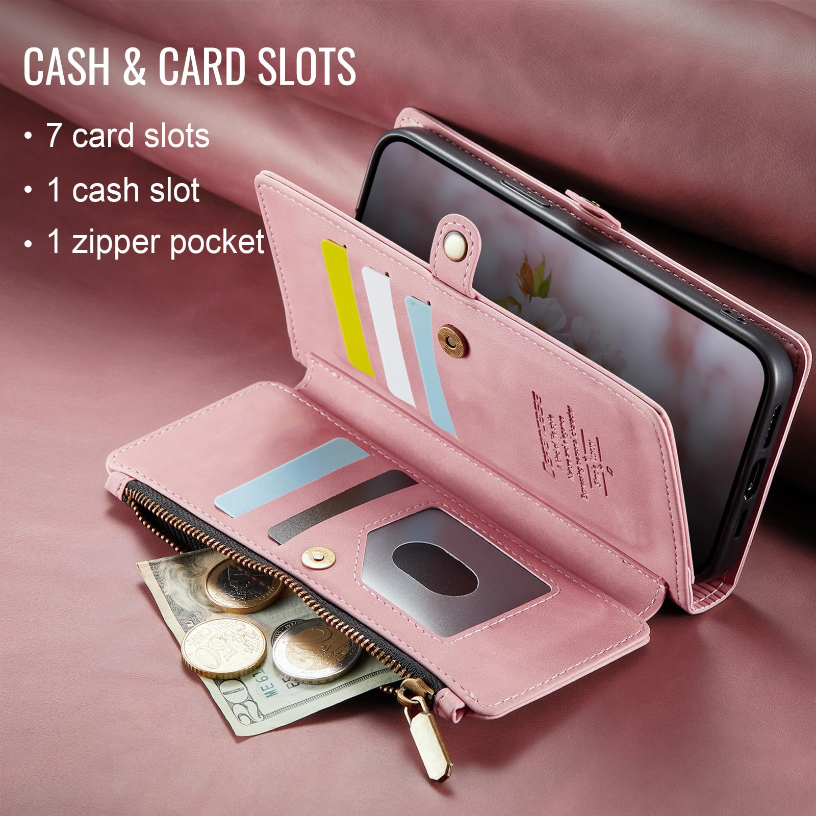 RFID Blocking iPhone 12/Pro Wallet Case - PU Leather Magnetic Flip Cover with Card Holder & Zipper Strap | Compatible with iPhone 12 & 12 Pro 6.1