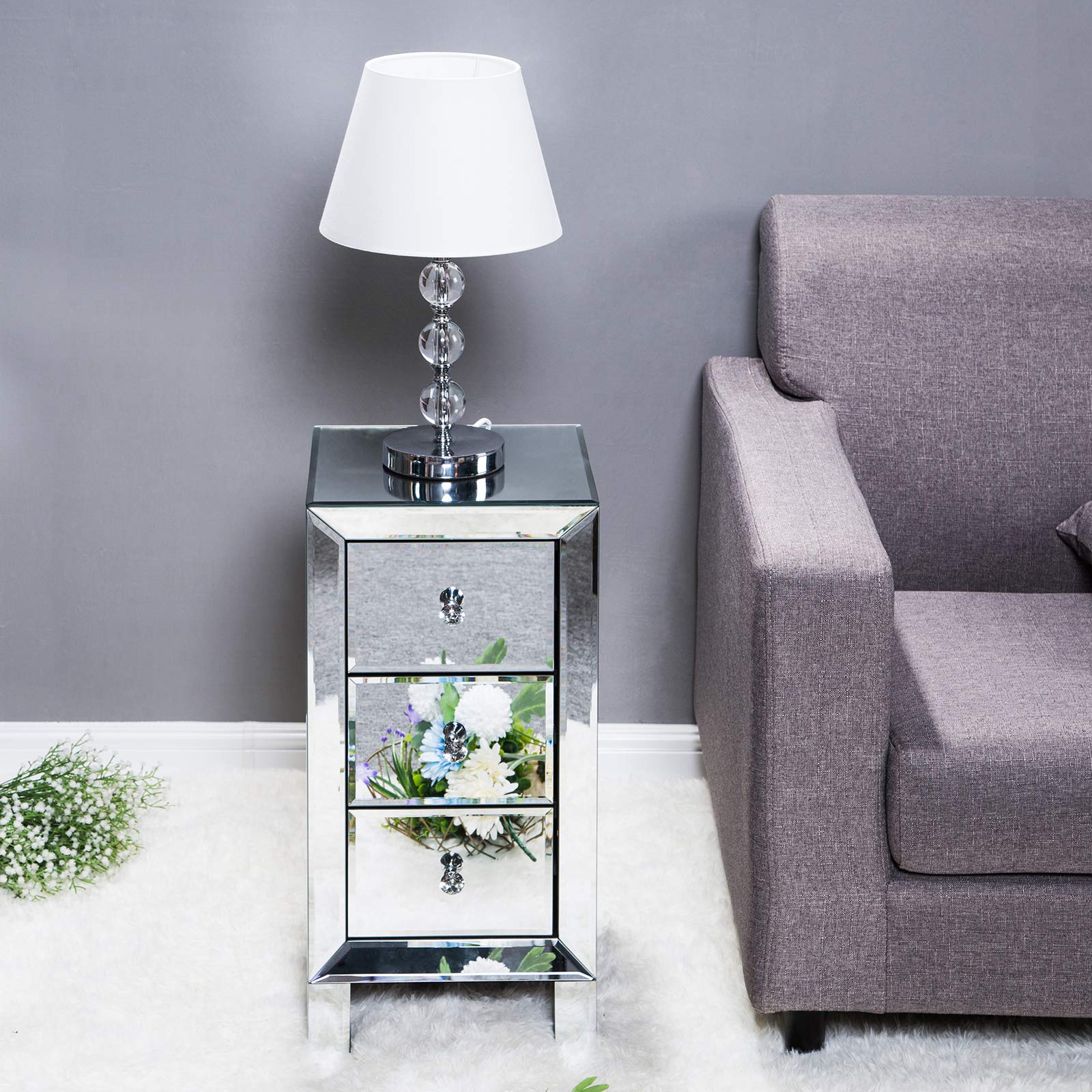 Modern & Contemporary Mirrored 3-Drawer Nightstand Bedside Table - Stylish Bedroom Furniture for Small Spaces, Guest Rooms & Master Suites